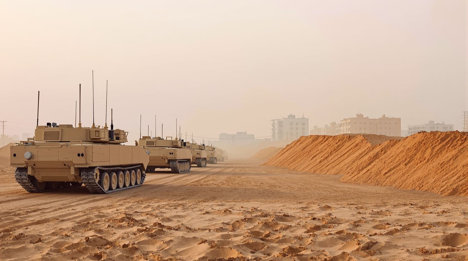 Illustration of sand-coloured armoured vehicles parked on sandy ground at dawn, with a distant hazy skyline of low concrete buildings beyond.