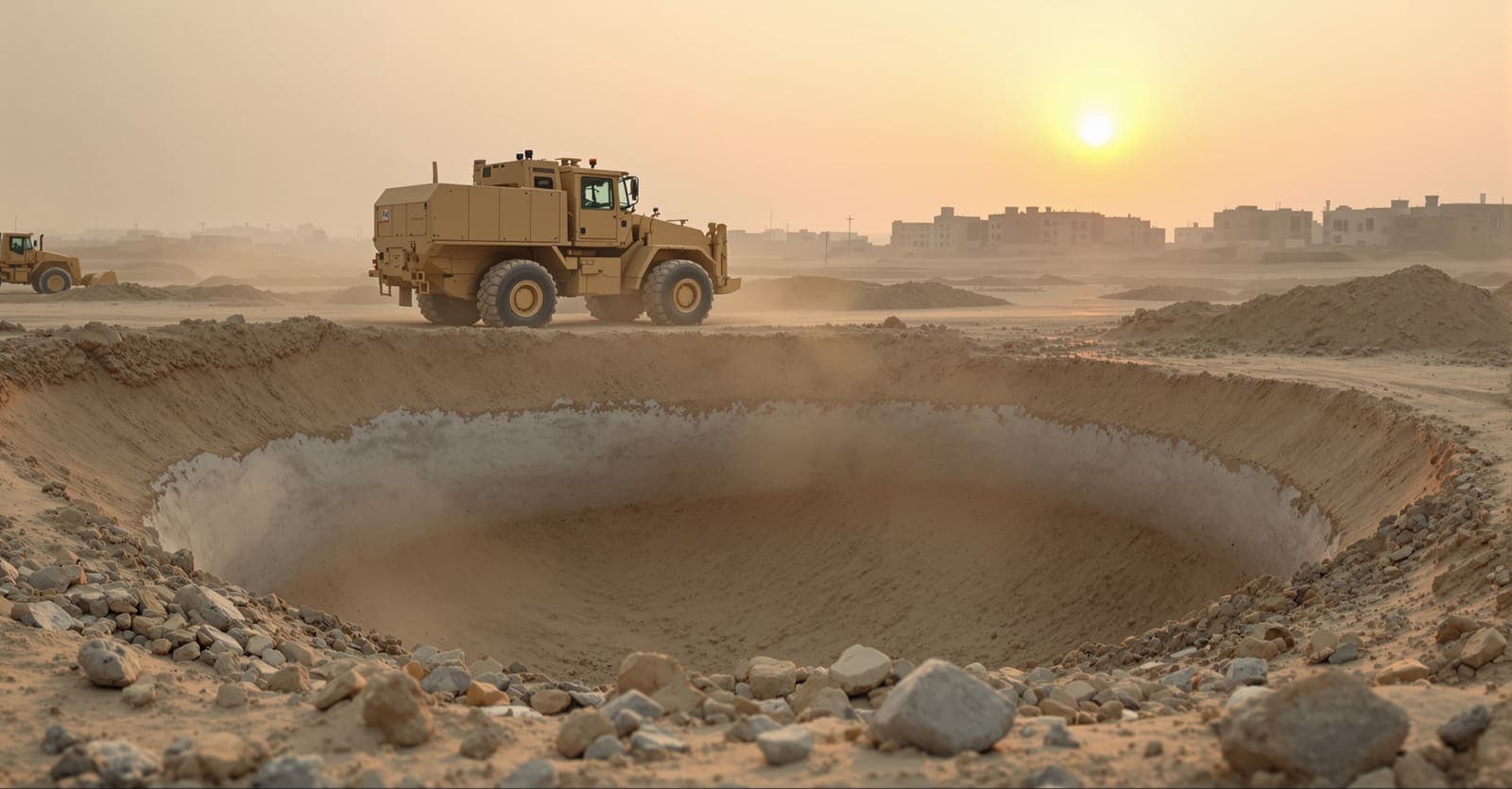 Illustration of a sealed tunnel shaft in sandy terrain with an armoured bulldozer parked nearby at dawn in southern Gaza.