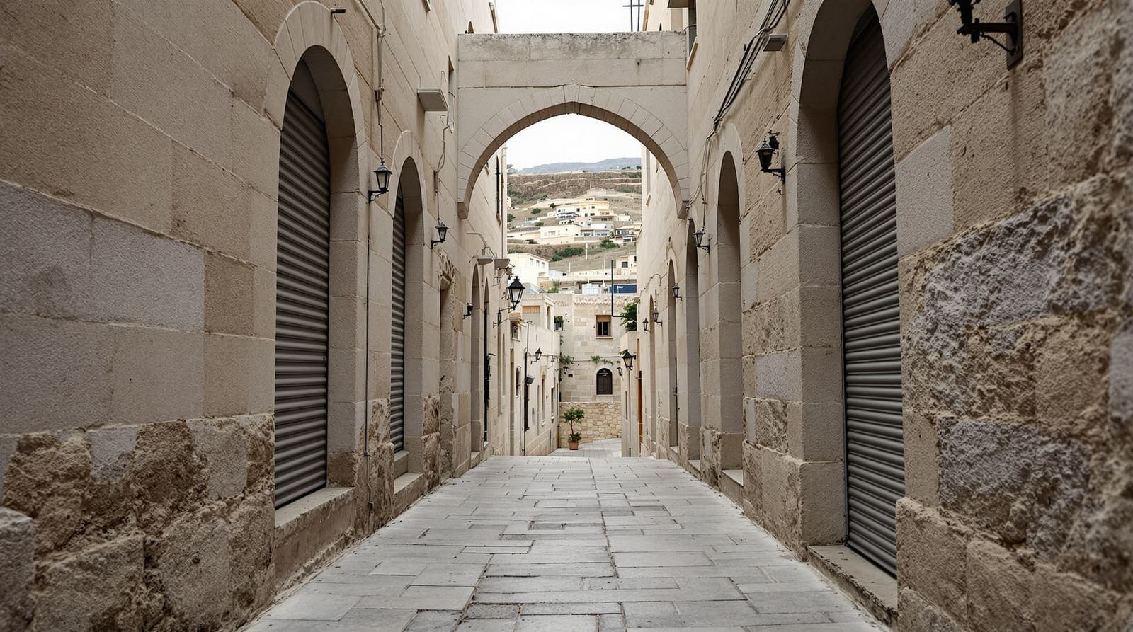 Illustration of a quiet stone alley in Hebron's old quarter at dawn, empty under soft overcast light.