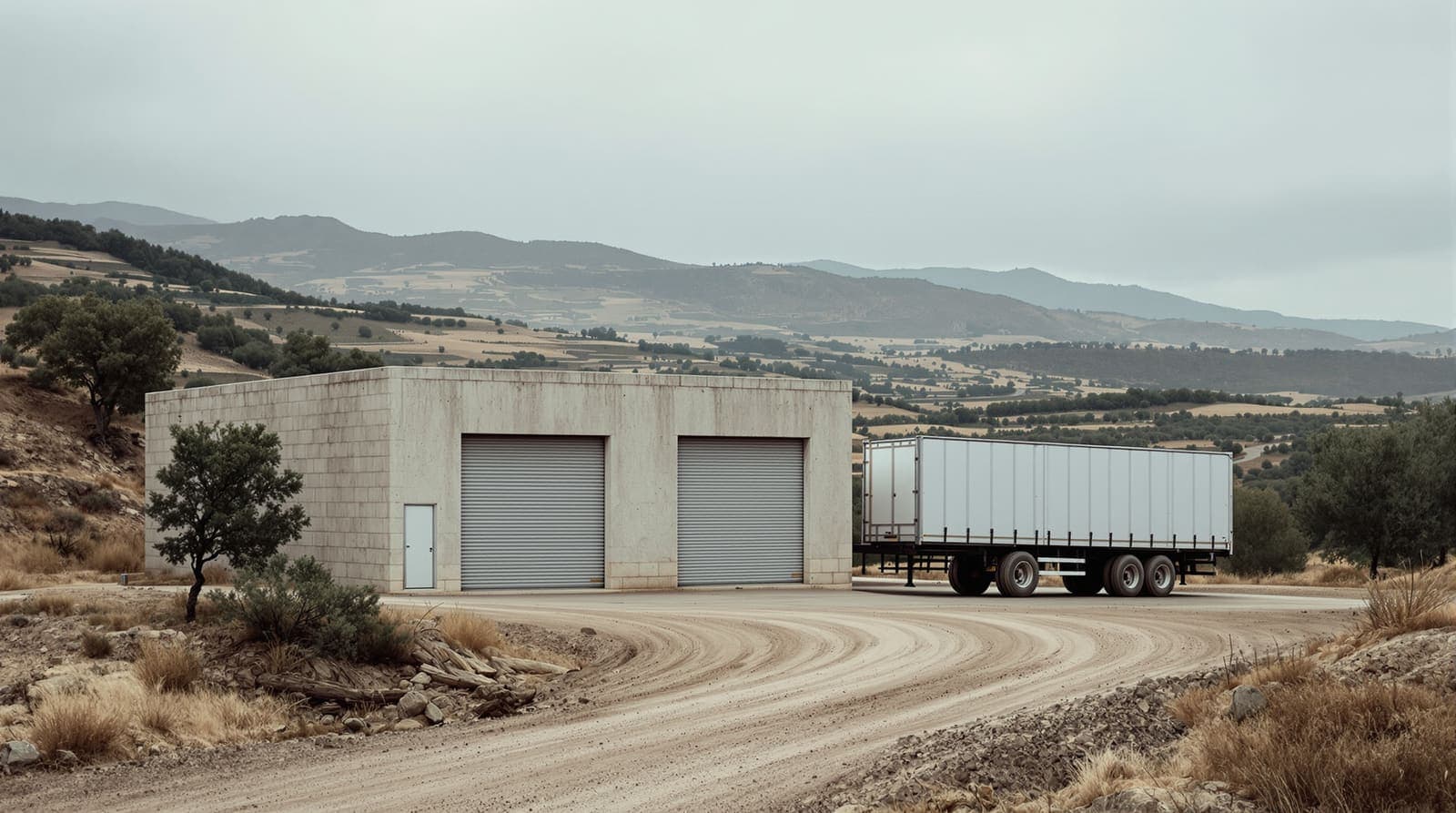 Illustration of a quiet concrete storage building and parked truck on a terraced hillside in southern Lebanon under overcast skies.