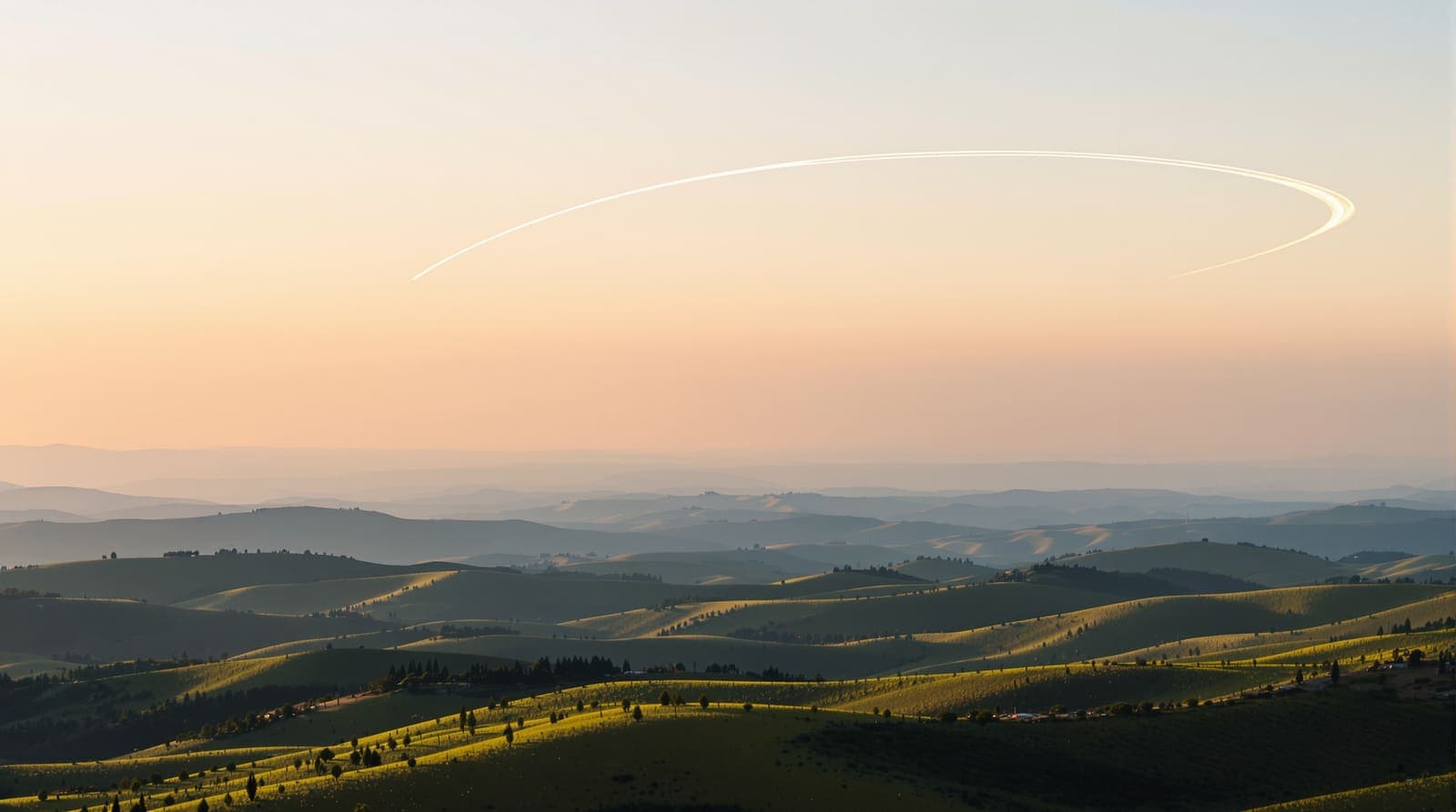 Illustration of a white contrail arcing over the hills of northern Israel toward distant ridgelines at dusk.