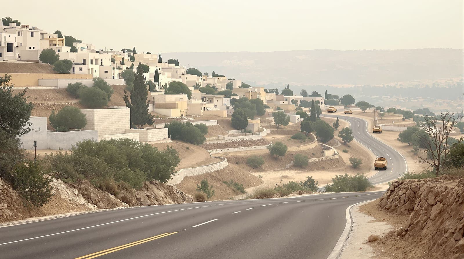 Illustration of terraced hills and pale rooftops near Jenin at dawn, with armoured vehicles parked far off on a quiet road.