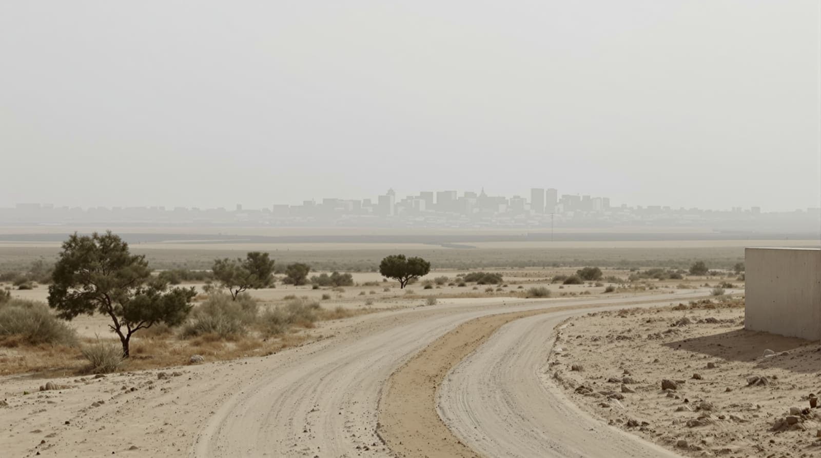 Illustration of a hazed distant southern Gaza skyline seen across flat scrub farmland under overcast light.