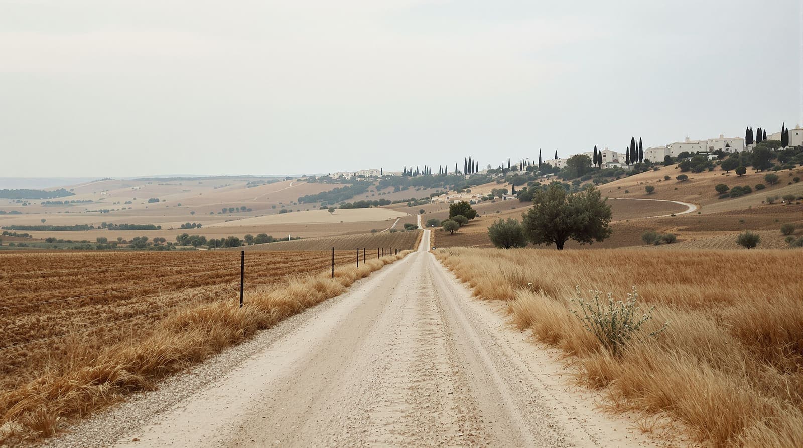 Illustration of an empty farm track and open fields below the Gilboa ridge at dawn, with a distant hillside village.