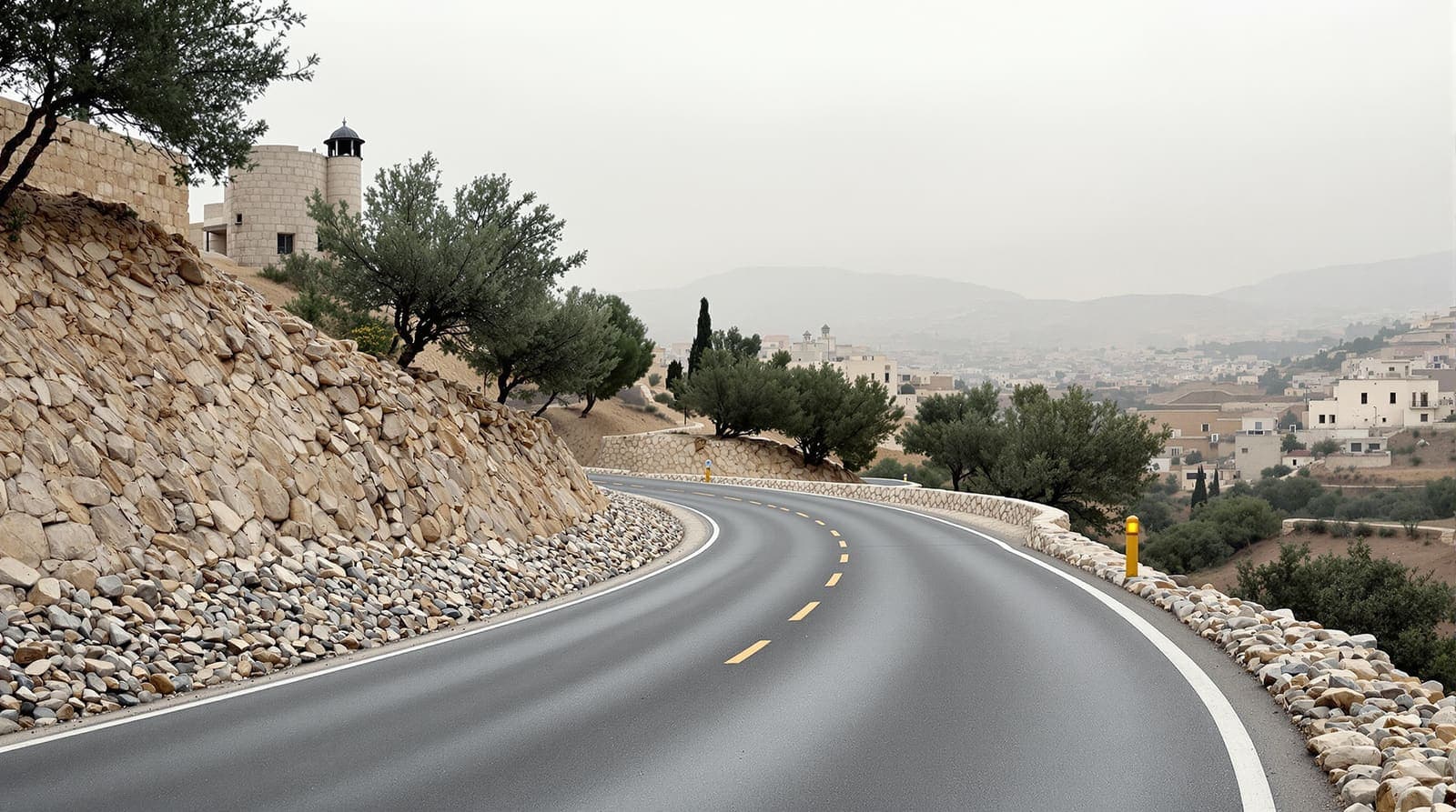 Illustration of an empty stone-walled village road among olive terraces on a West Bank hillside at dawn.