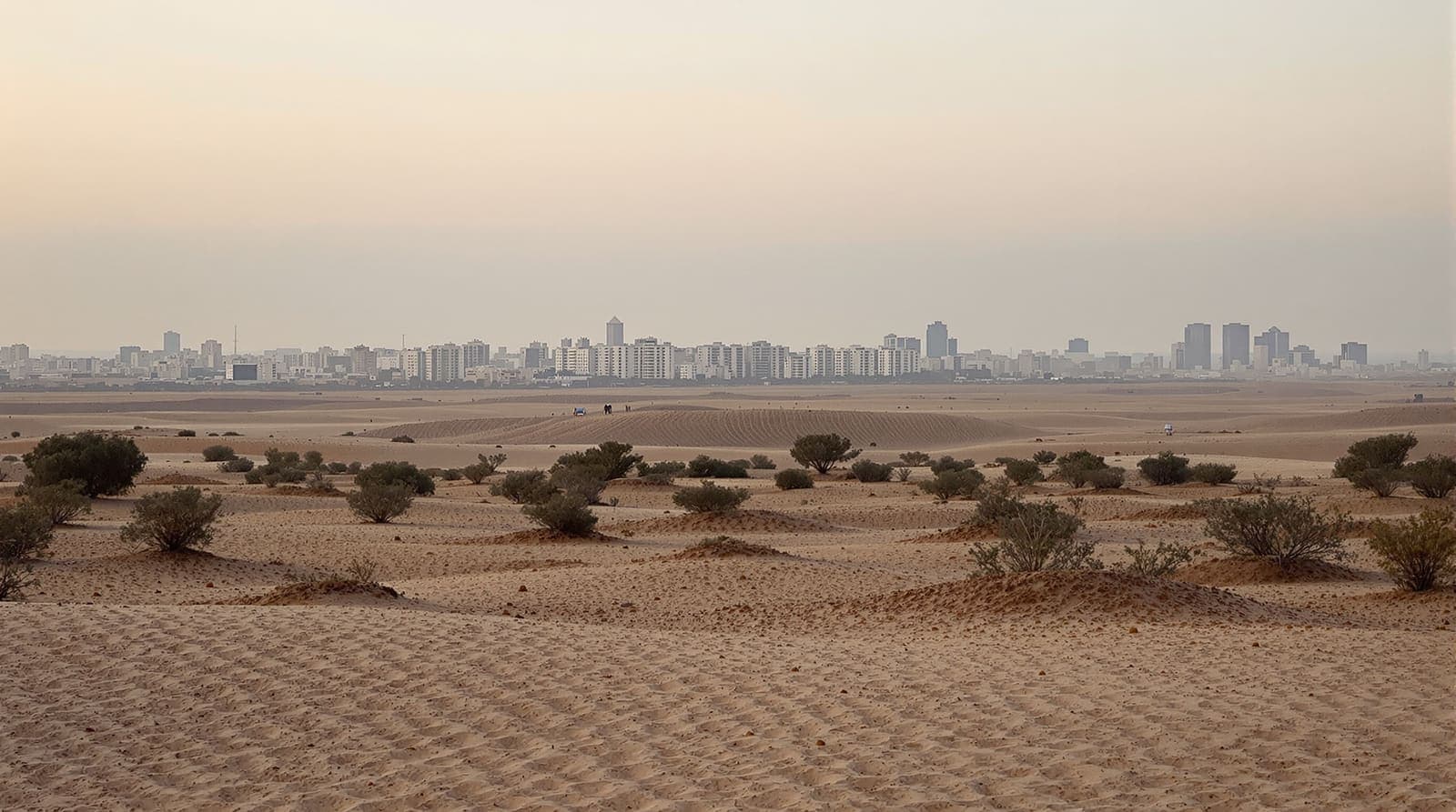 Illustration of a distant hazed Gaza City skyline seen across open dusty terrain at dusk from far away.