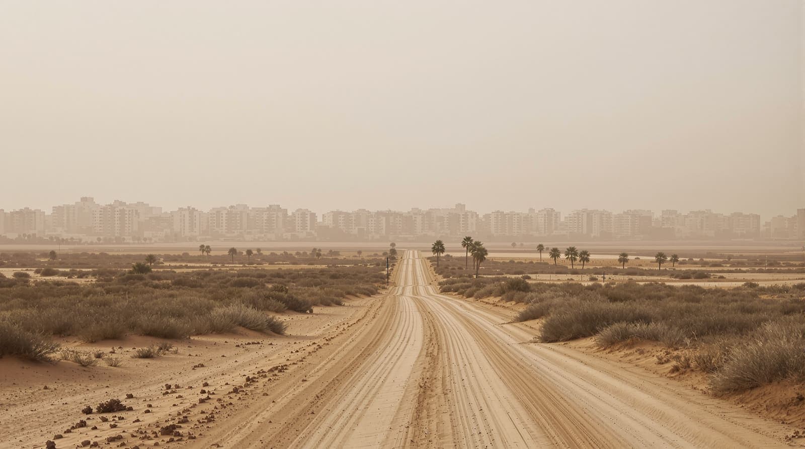 Illustration of a hazy southern Gaza city skyline seen from distant farmland at dawn