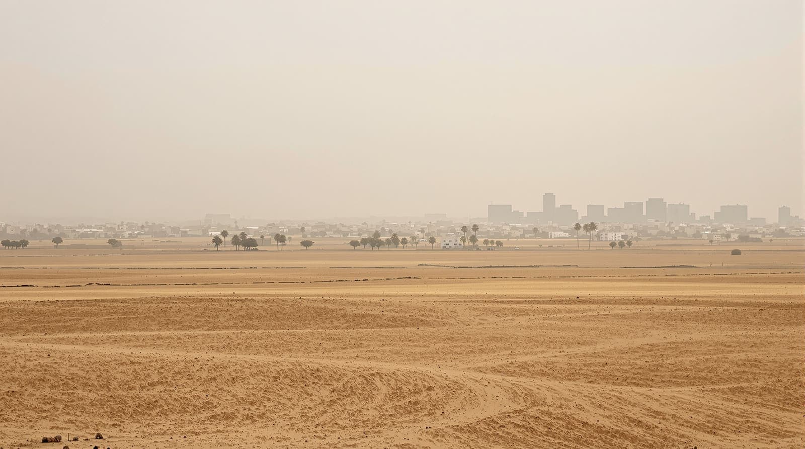Illustration of the hazy low skyline of Khan Younis seen from distant sandy farmland under an overcast dawn sky