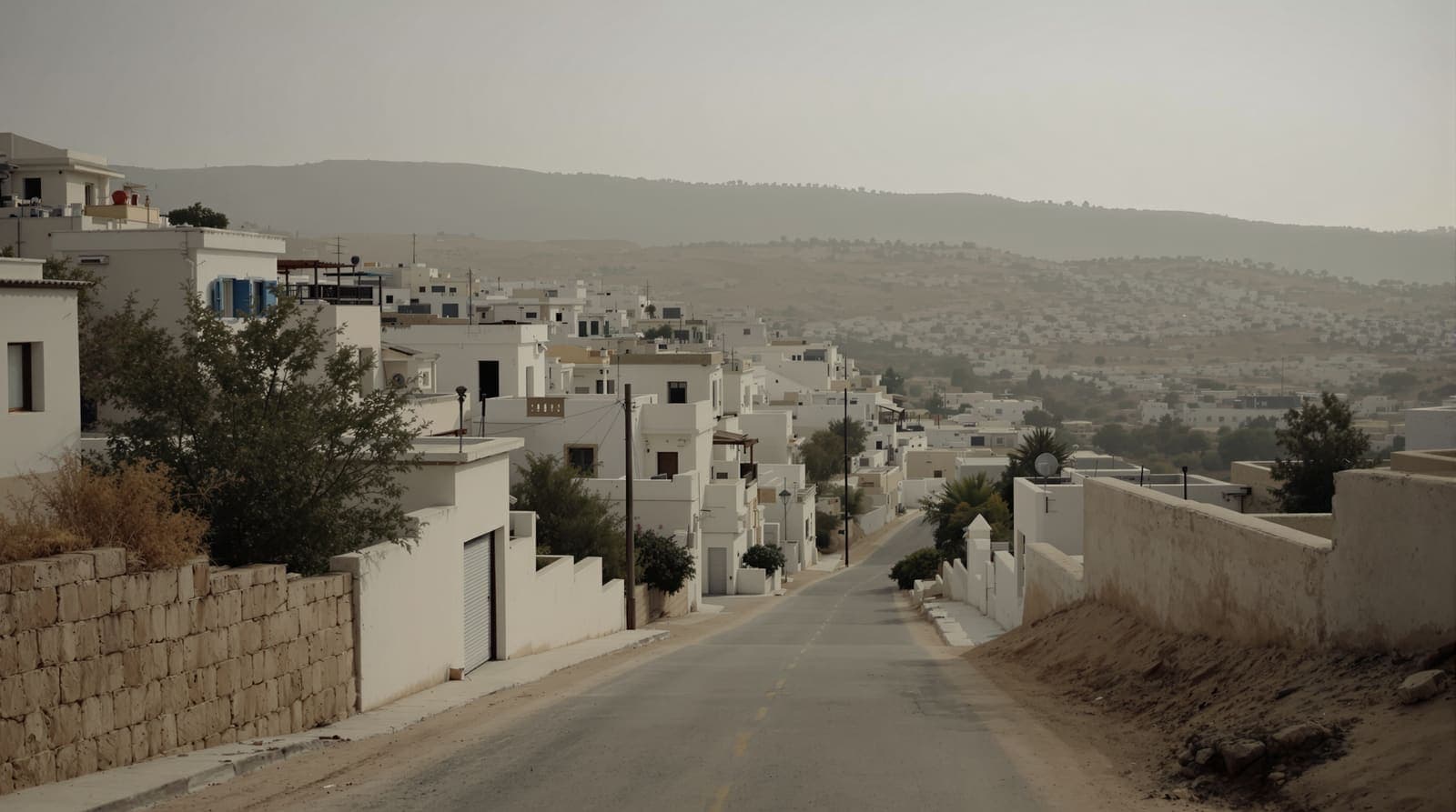Illustration of an empty limestone hillside street in a northern West Bank town at dawn, olive terraces and scrub hills behind.
