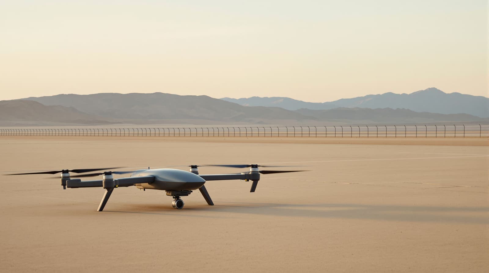 Illustration of a quadcopter drone resting on desert sand near a border fence, with the mountains of Jordan on the horizon at dawn.