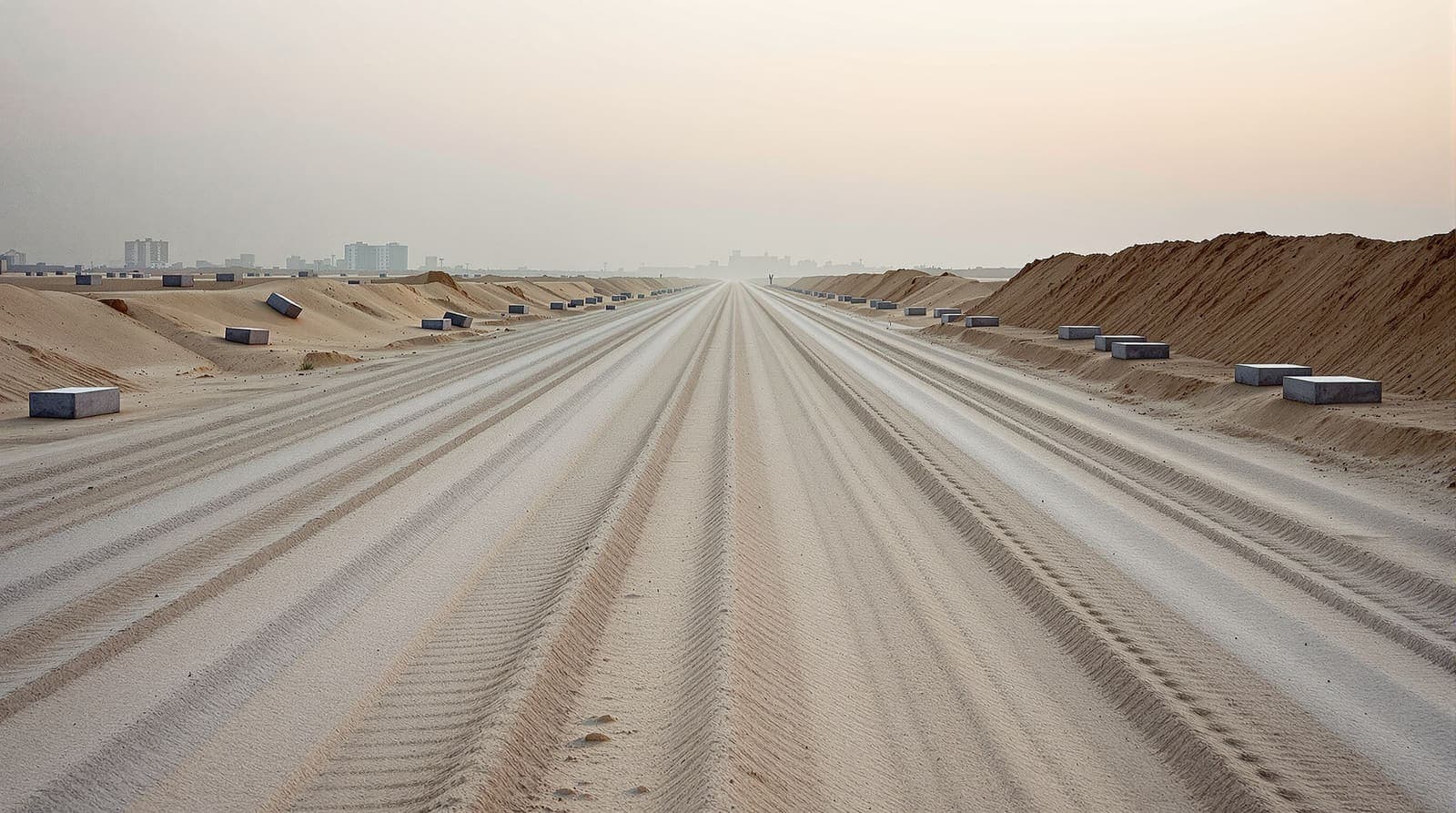Illustration of a bulldozed earth berm and cleared sandy corridor on flat terrain at dawn, with a hazed distant skyline.