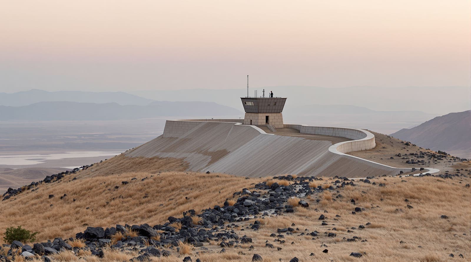 Illustration of an earth embankment around a hilltop army post on a basalt plateau in southern Syria at dawn.