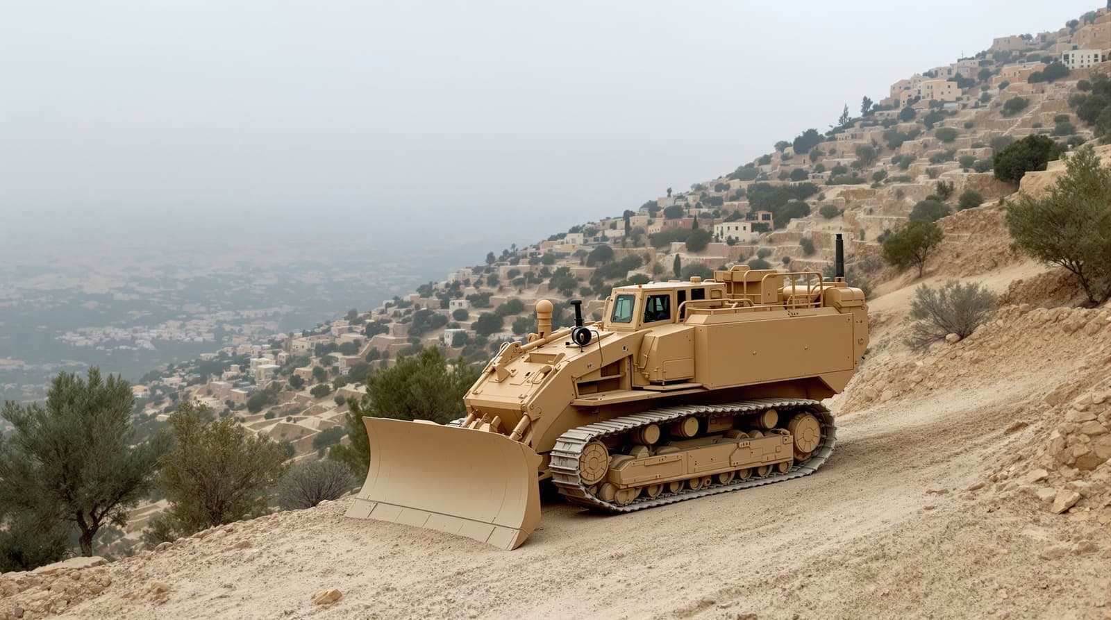Illustration of an armoured bulldozer parked on a terraced hillside below a distant village ridgeline in southern Lebanon at dawn.