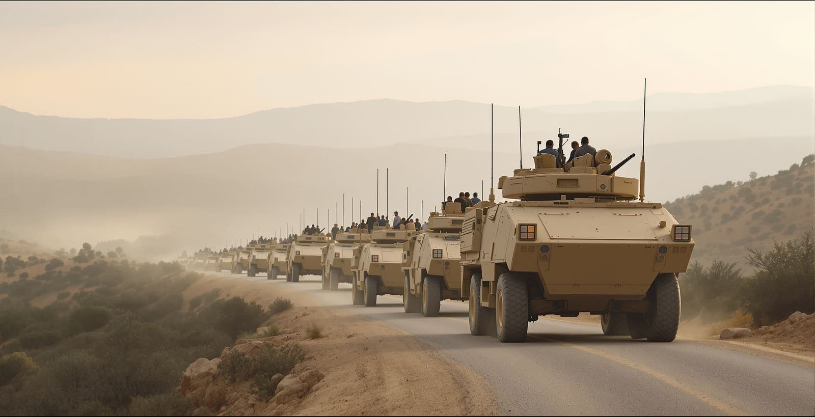 Illustration of military vehicles staged on a hilltop road in the Judea hills at dawn.