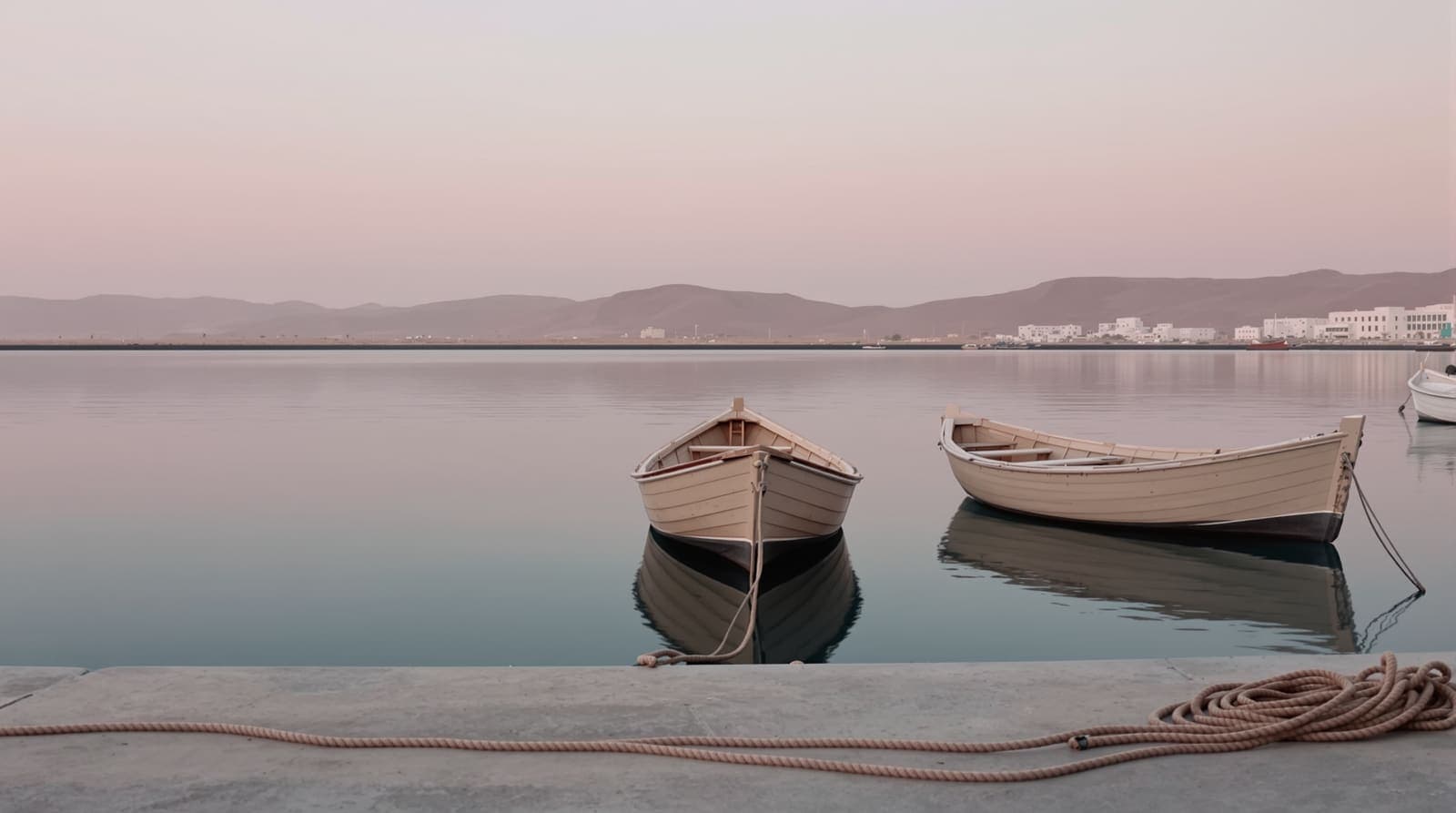 Illustration of small wooden fishing boats moored in a calm Gulf harbour at dawn, with arid hills and a distant port shore beyond.