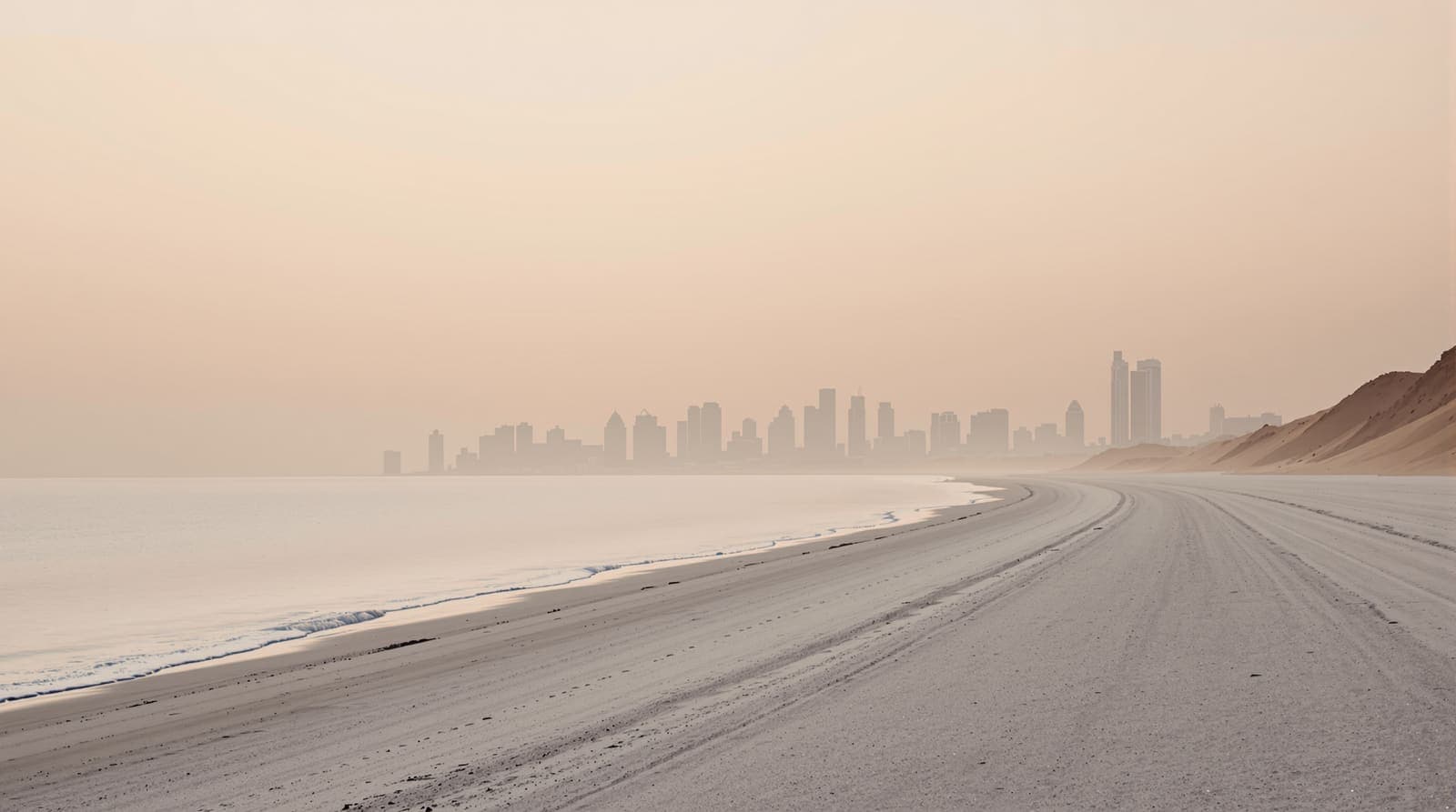 Illustration of a quiet Gulf shoreline at dawn with a distant hazed city skyline across calm water.