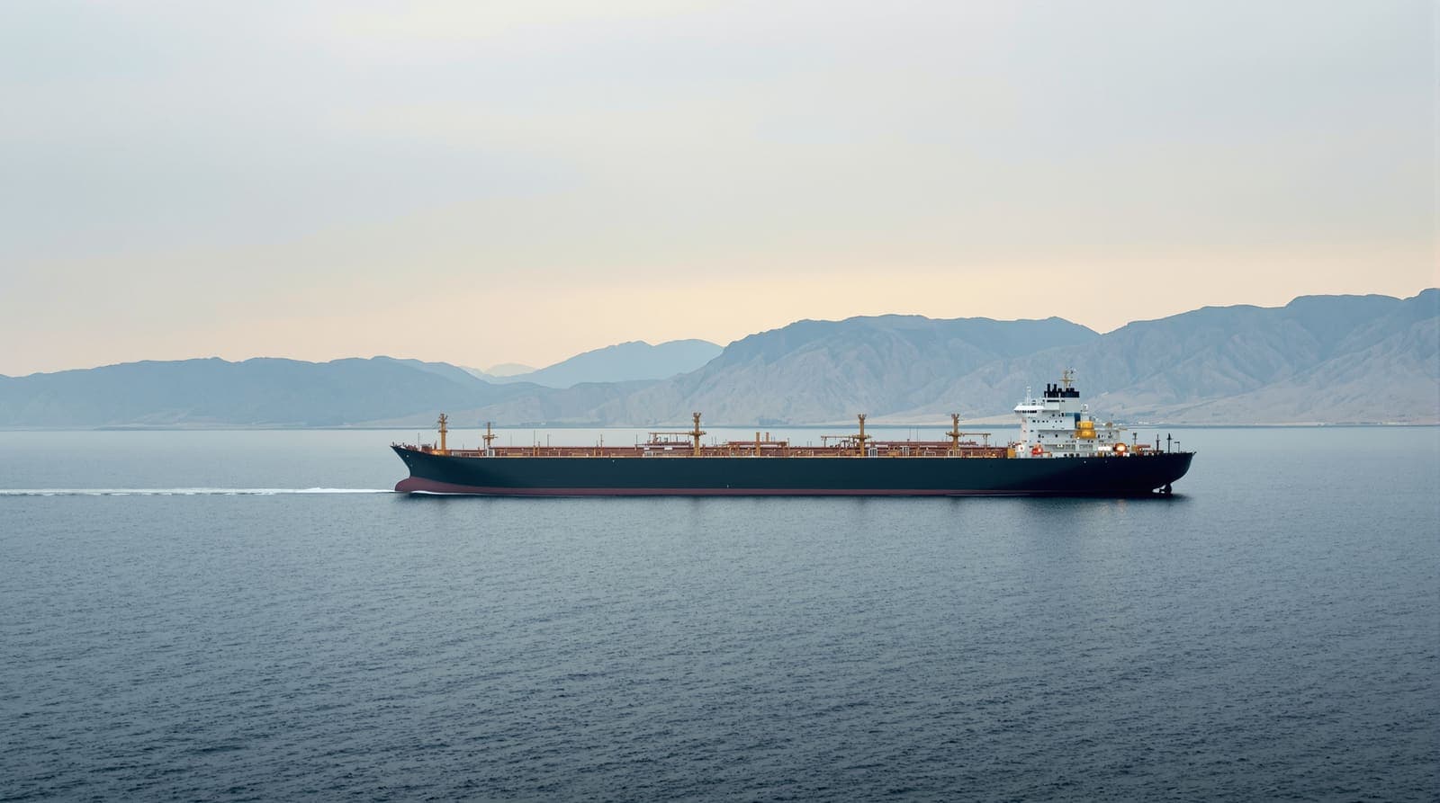 Illustration of a laden oil tanker crossing the calm Strait of Hormuz at dawn, with hazy coastal mountains behind it.