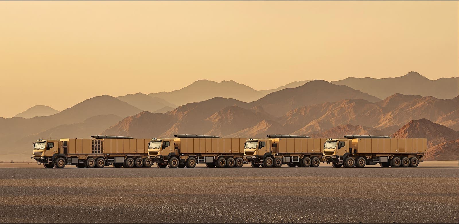 Illustration of mobile missile launcher trucks parked on an arid plain beneath hazy mountain ridges at dusk