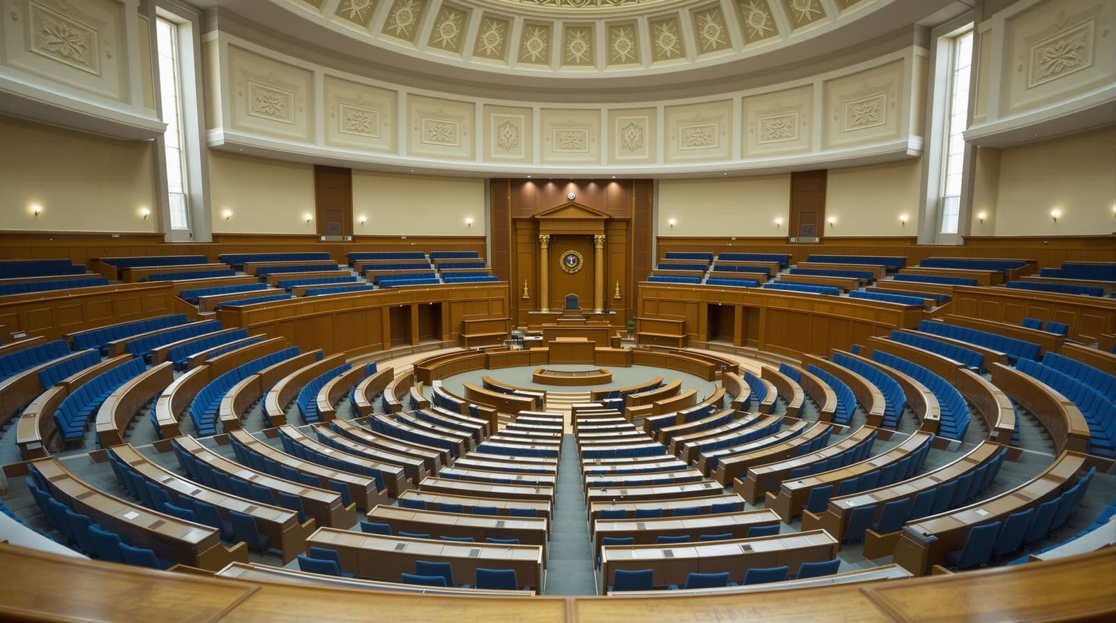 Illustration of an empty parliament chamber in Tehran seen from the public gallery, rows of vacant seats under soft daylight.