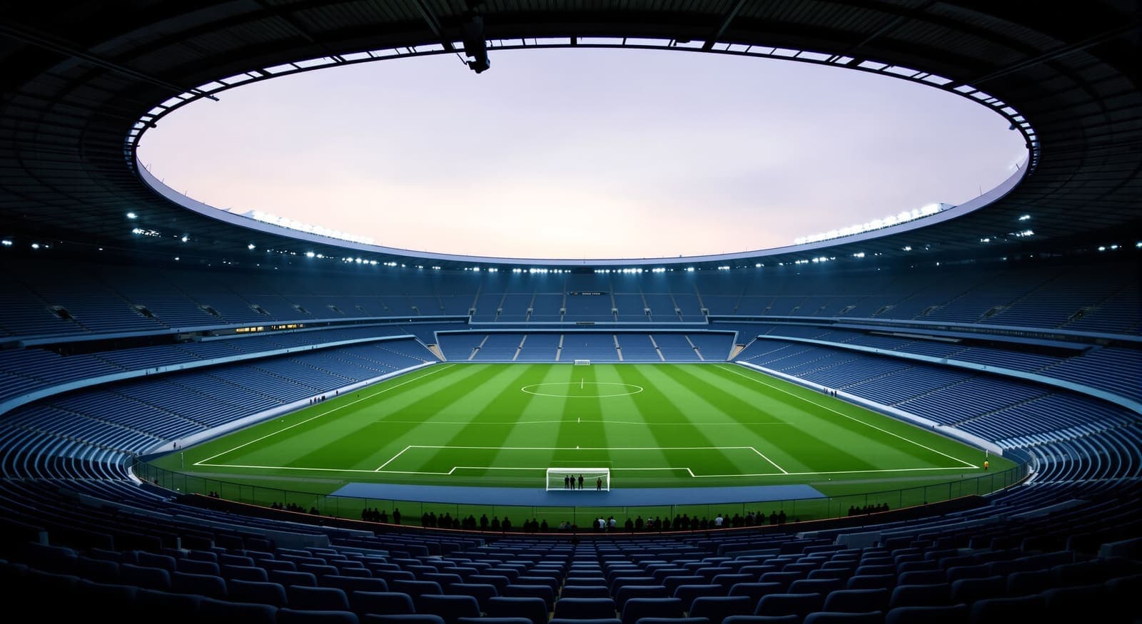 Illustration of a floodlit football stadium at dusk, seen from the upper stands, with distant players lined up at the halfway line