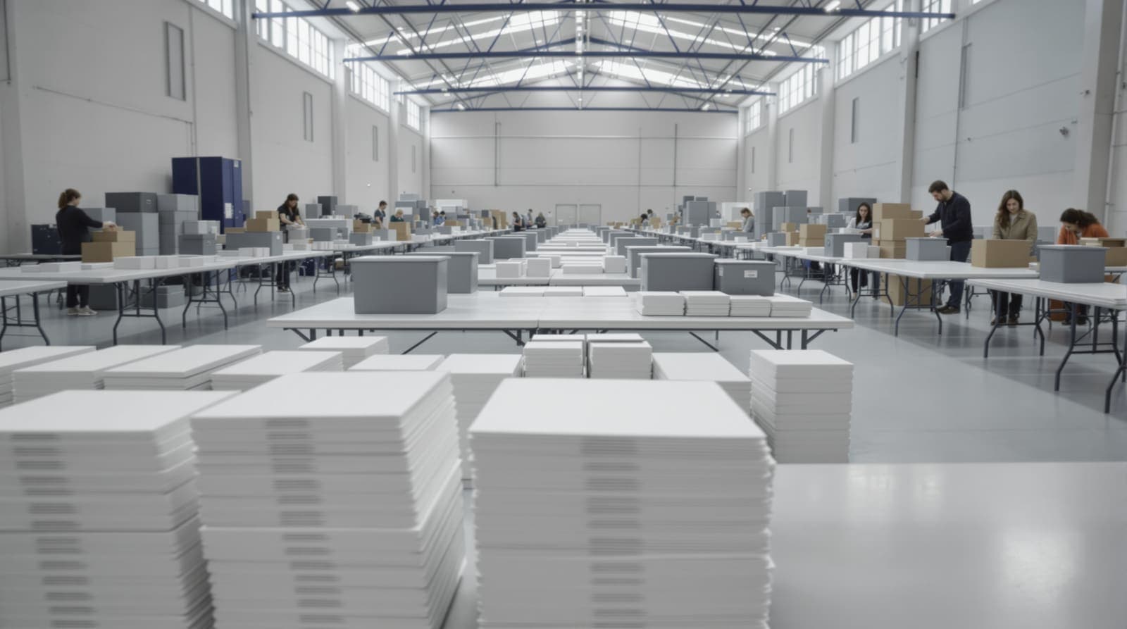 Illustration of a counting hall with long tables of plain sealed envelopes and ballot boxes under soft morning light.