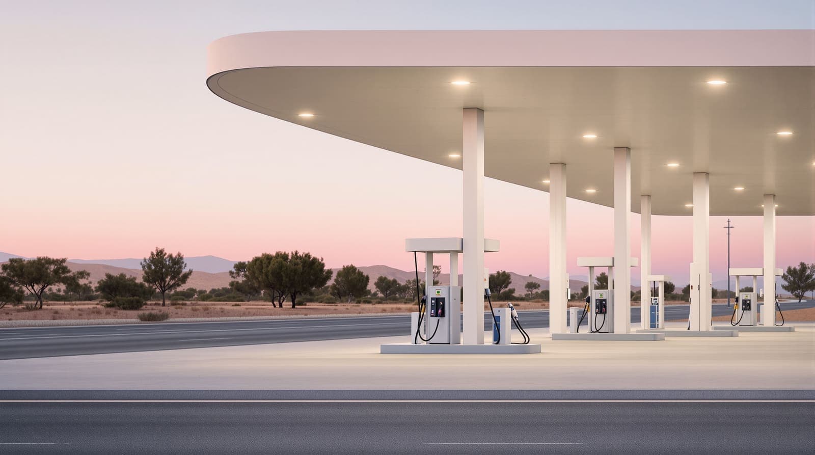 Illustration of an empty fuel station forecourt with rows of pumps beside an Israeli highway at dawn, scrub hills behind
