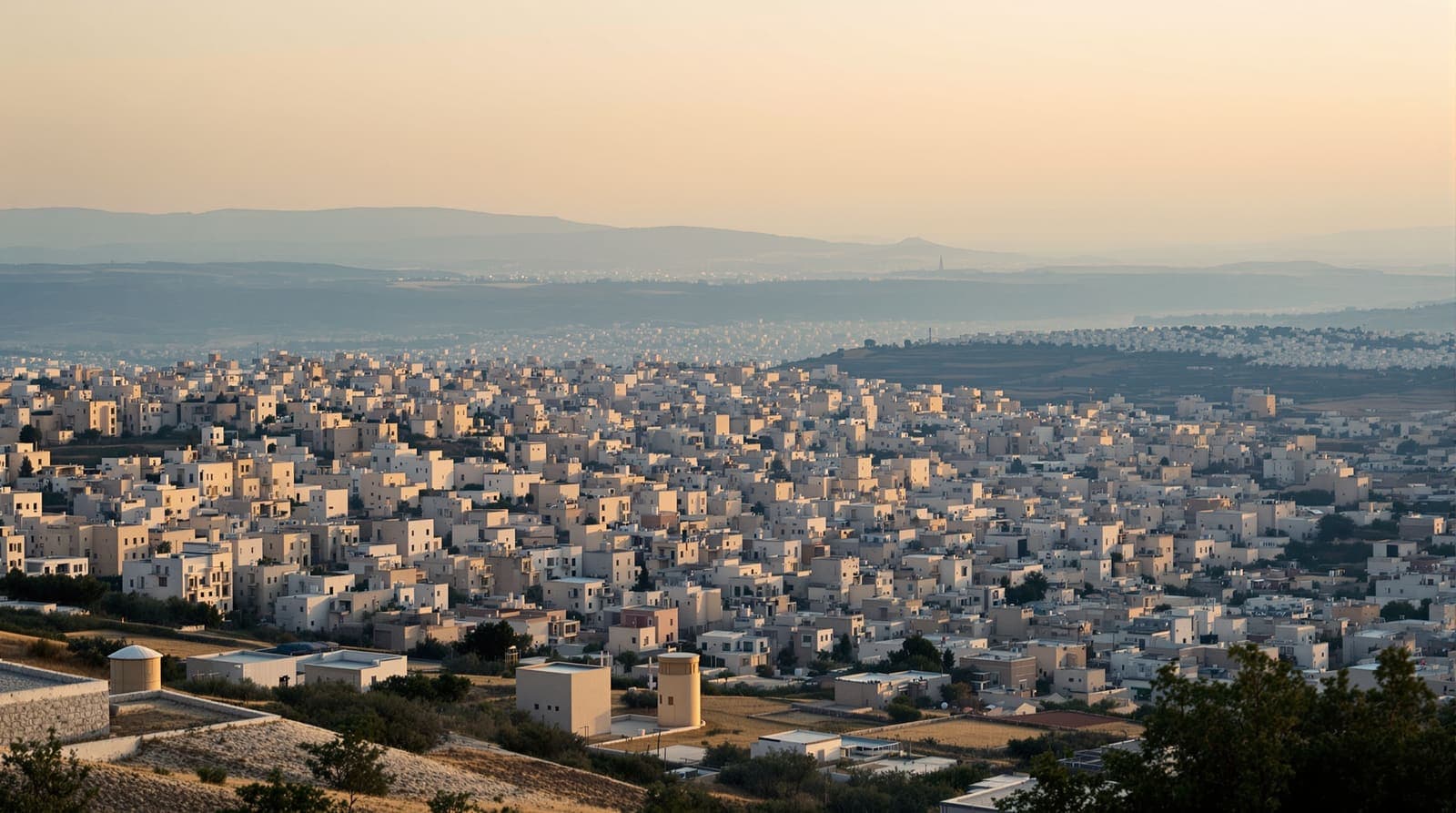 Illustration of the hillside city of Ramallah, rows of pale stone buildings seen from a distant ridge in dusk haze.