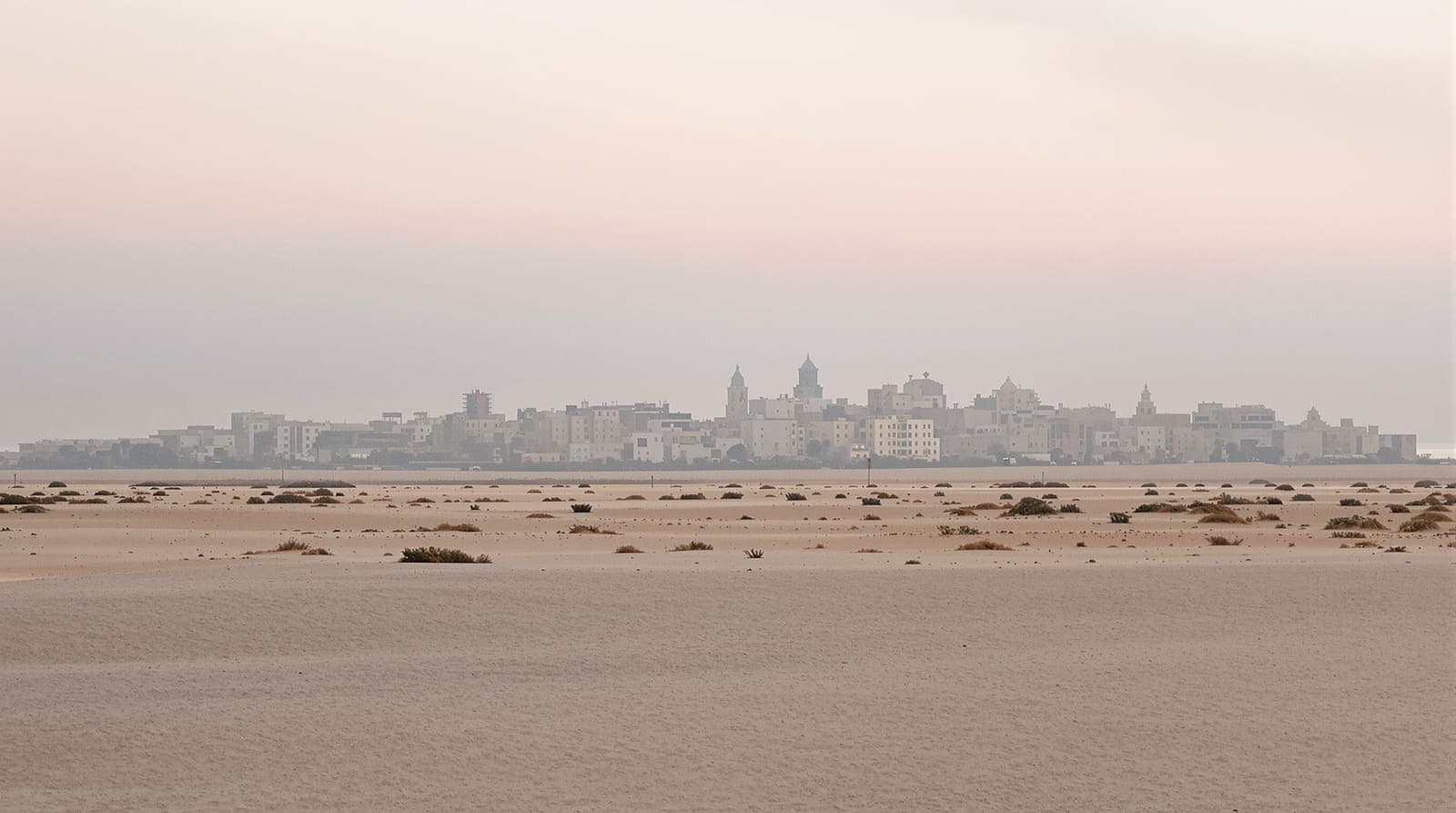 Illustration of the Gaza City skyline in hazy dawn light, seen from a distance across open sandy ground.