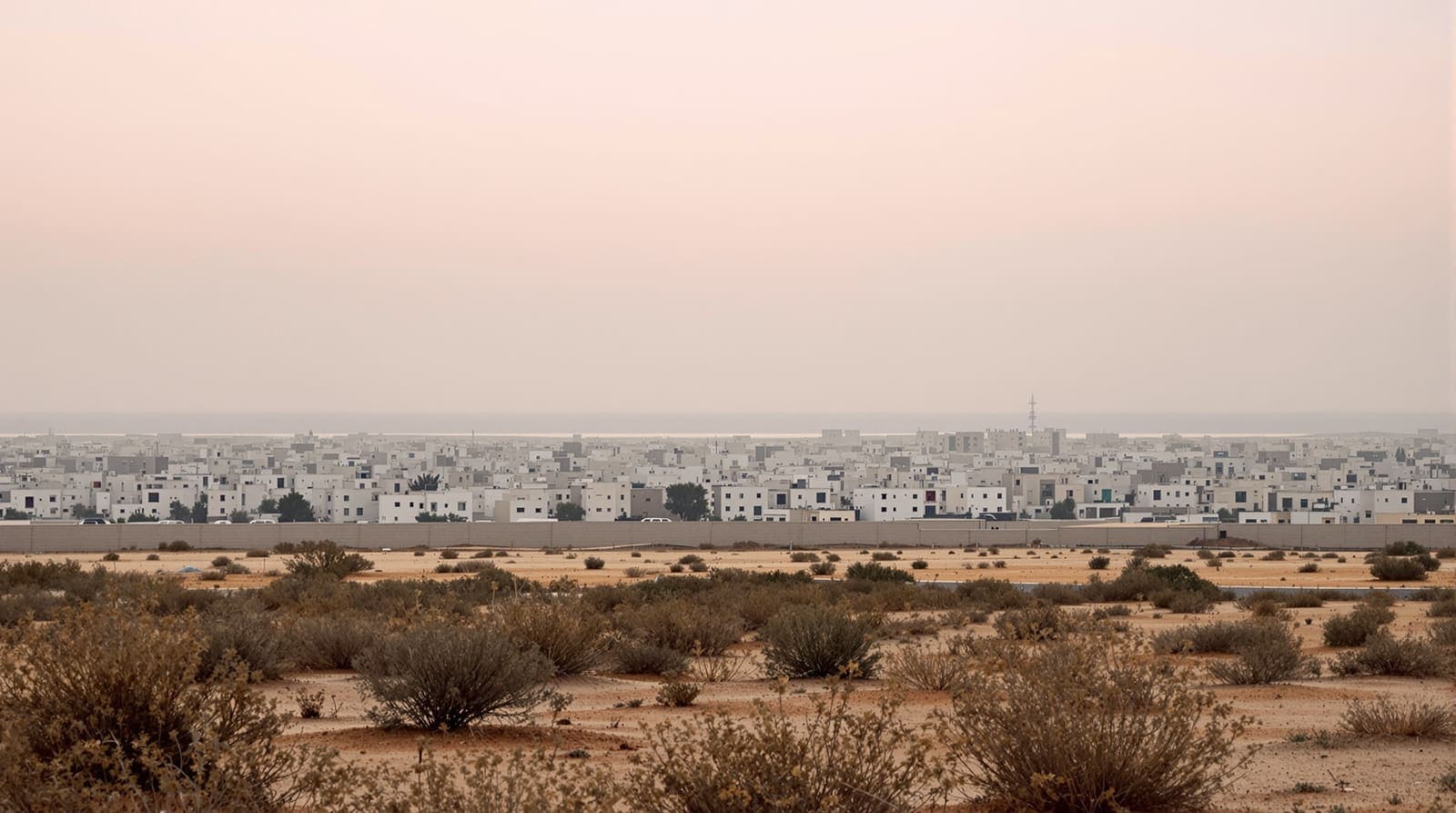 Illustration of the hazy low skyline of Nuseirat in central Gaza seen at dawn from distant sandy farmland.