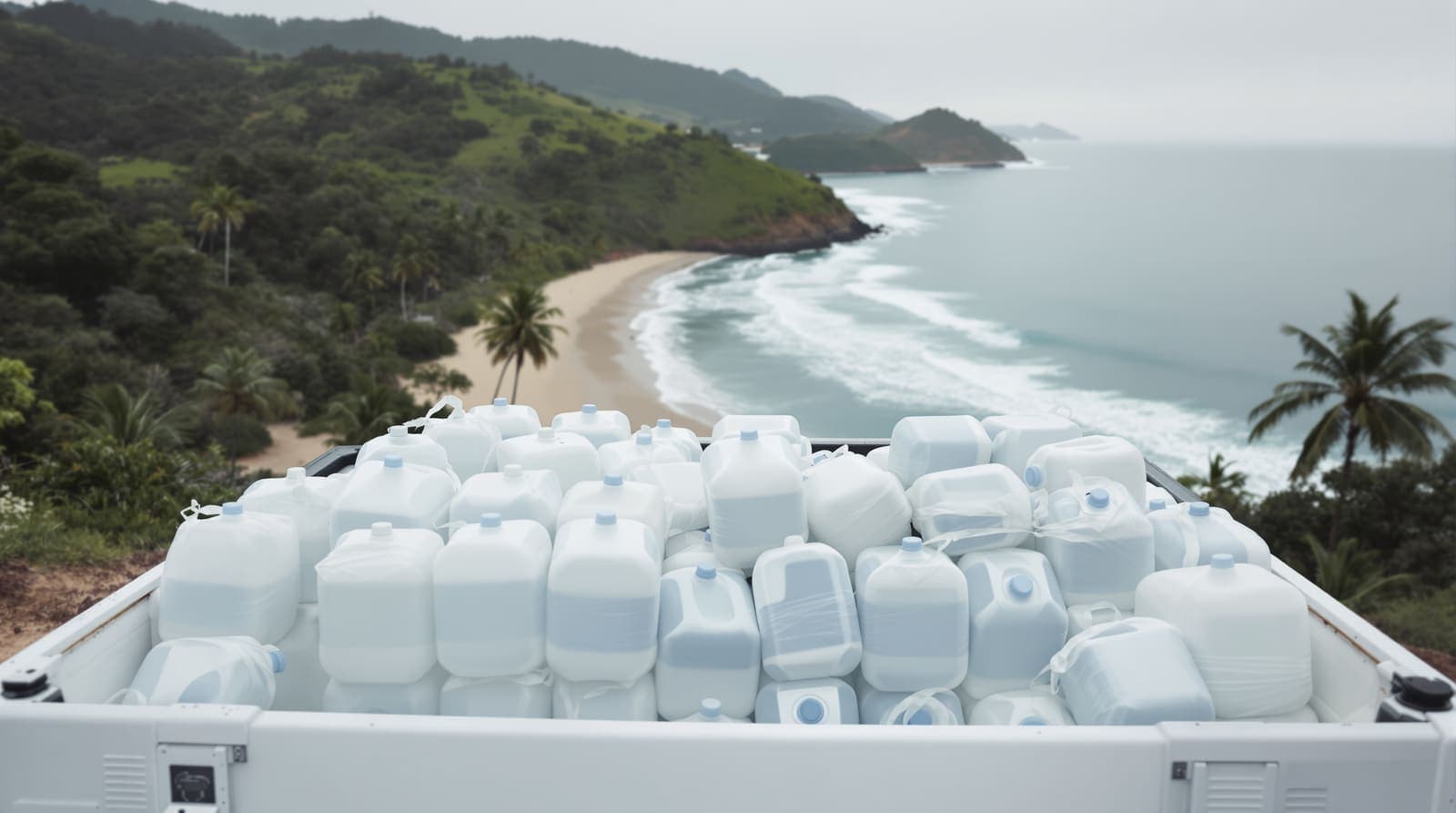 Illustration of a pickup truck loaded with clear water jugs on a coastal track above a Pacific bay lined with palms and green headlands.