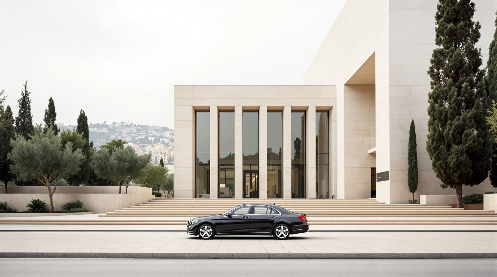 Illustration of a limestone government ministry building in Jerusalem with a dark sedan parked outside on a quiet morning