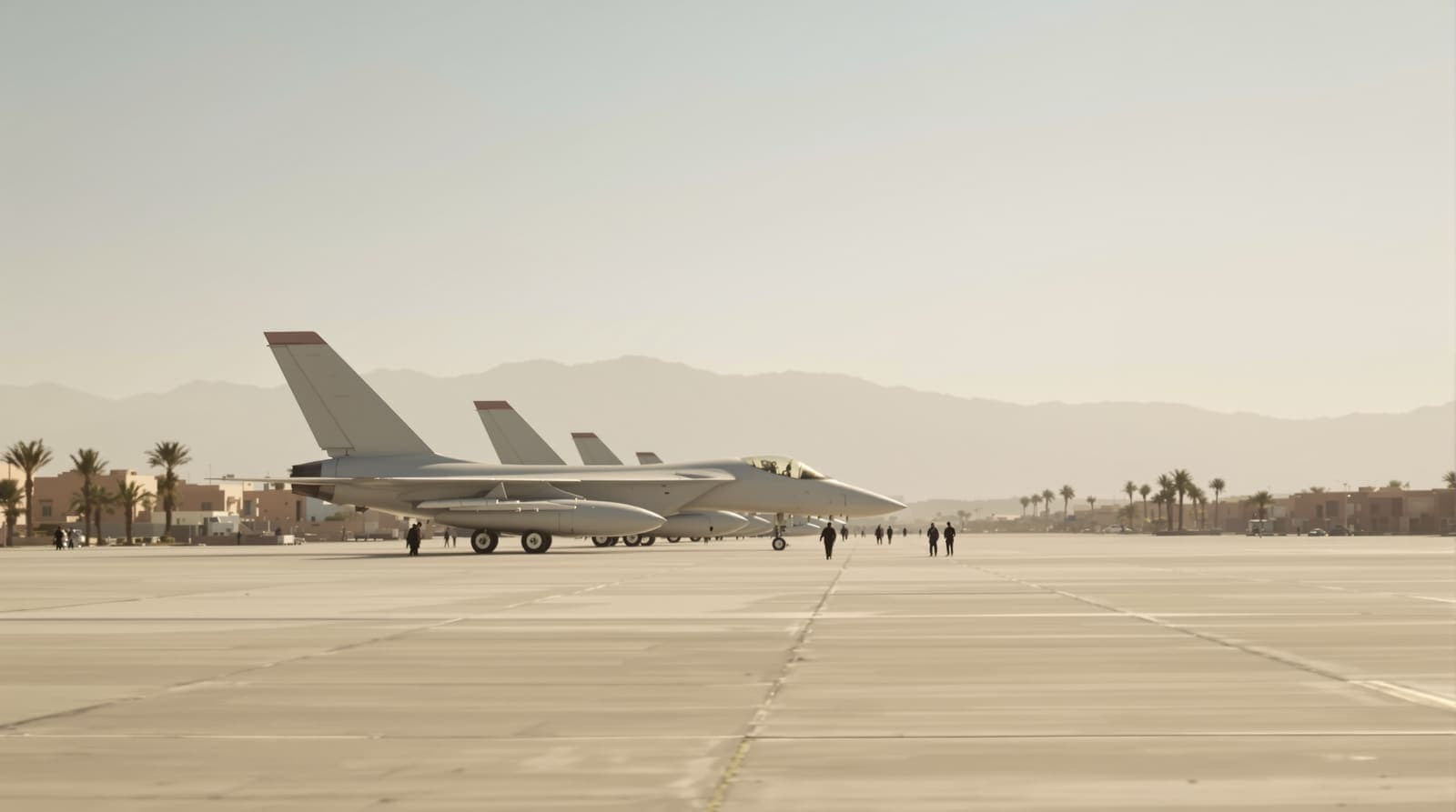 Illustration of military jets parked on a sunlit airfield apron in Marrakech with the Atlas Mountains on the horizon