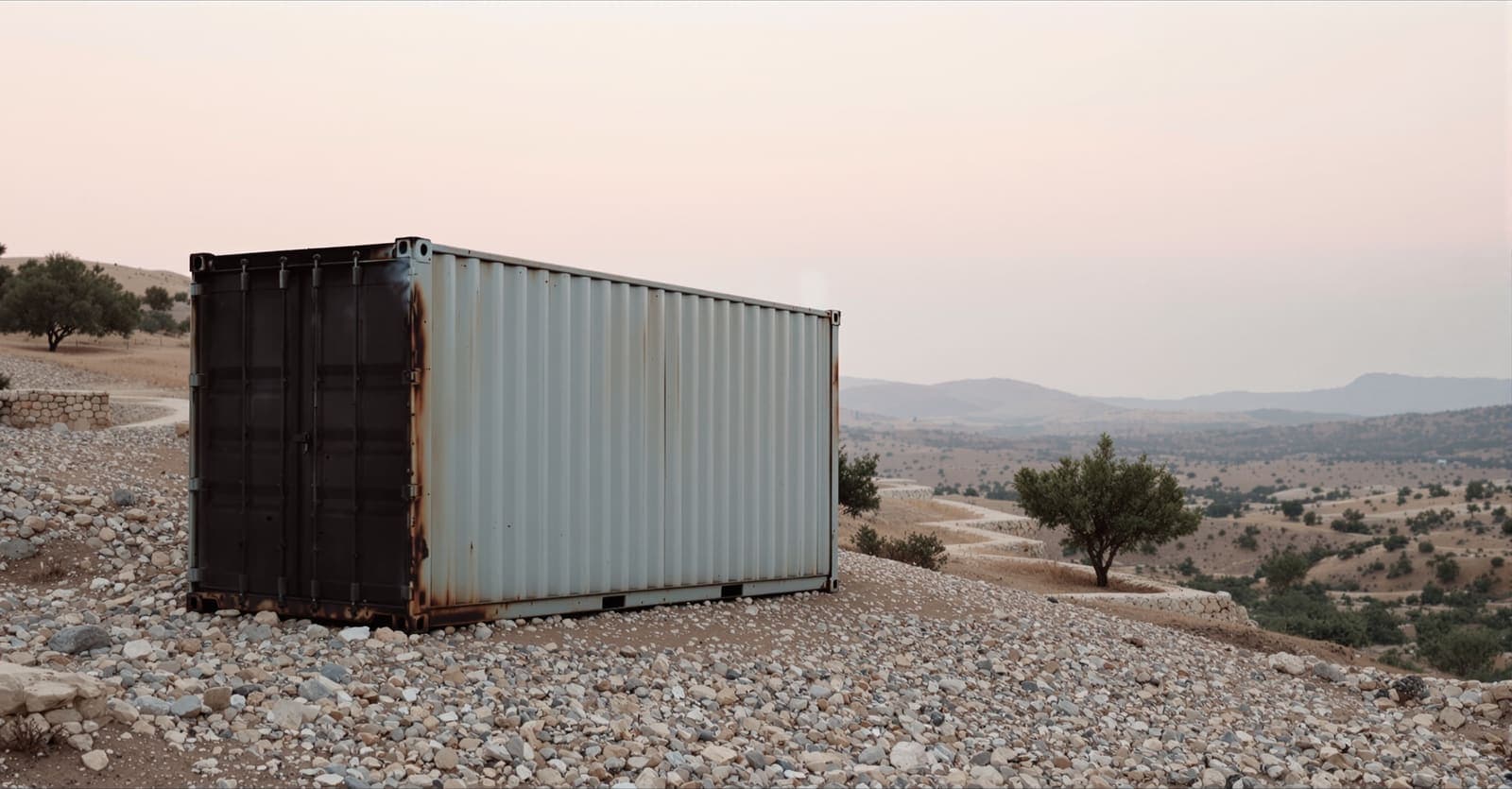 Illustration of a plain metal storage container on a stony terrace among olive trees in the dry South Hebron Hills at dawn.
