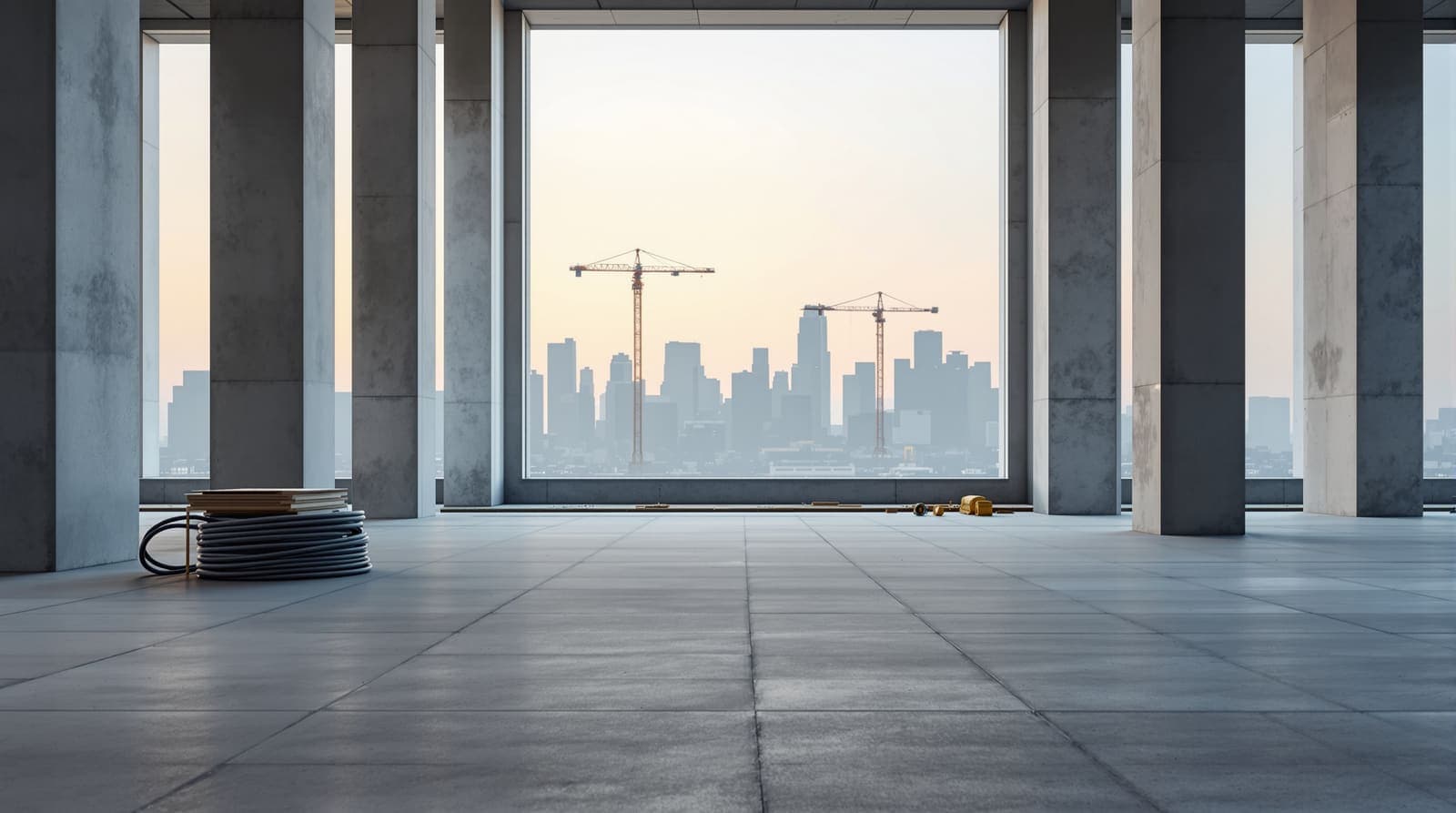 Illustration of an empty unfinished concrete floor in a large construction project at dusk, with distant cranes beyond open window bays.