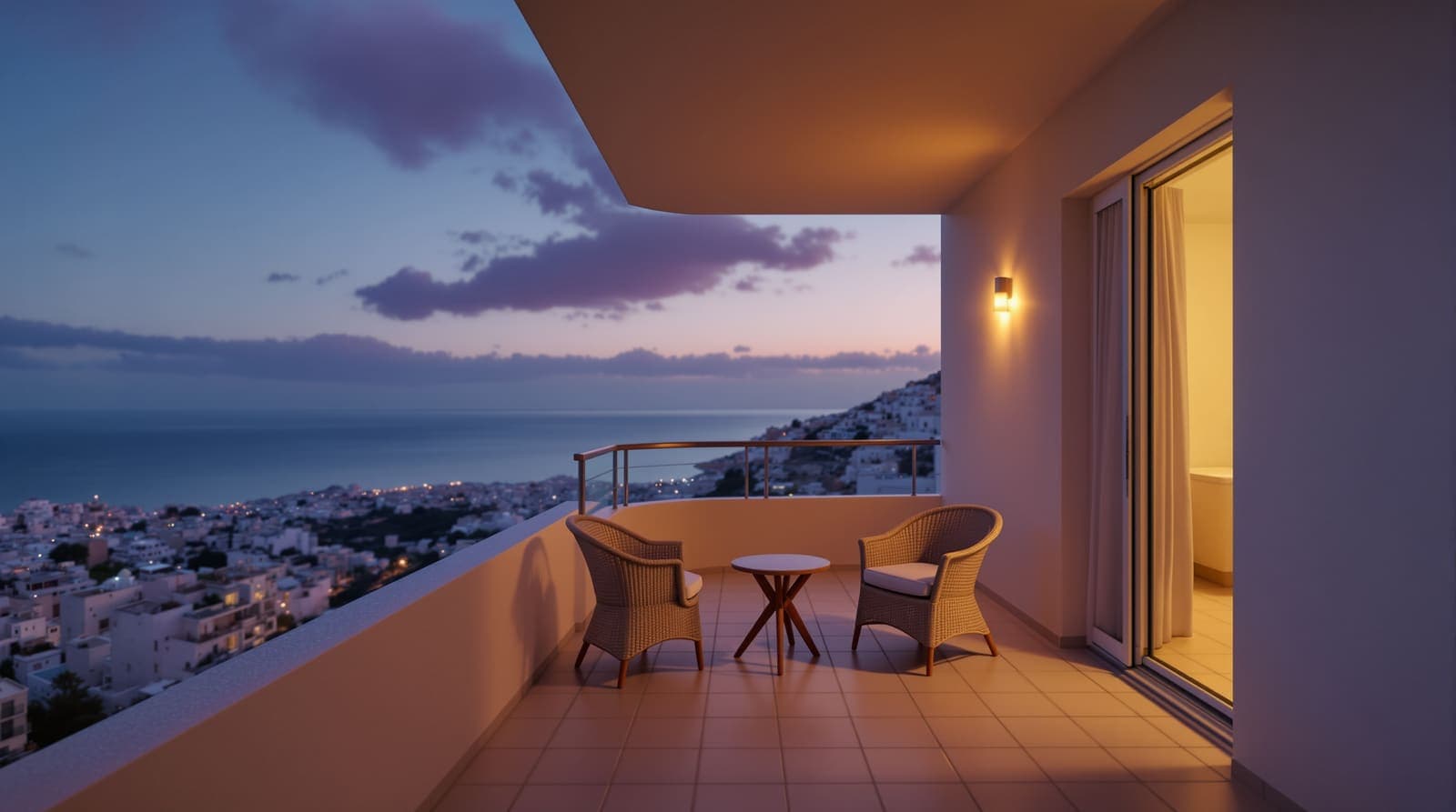 Illustration of an empty hillside balcony at dusk, lamplight from an open doorway, overlooking a pale coastal city and calm sea.