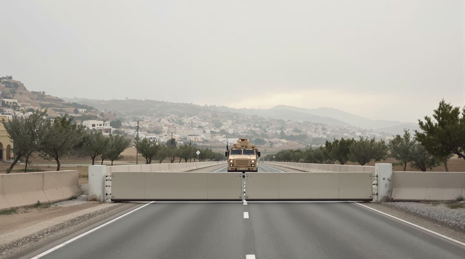 Illustration of concrete barriers and a boom gate across an empty road, with Hebron's limestone hillside houses in the hazy distance.