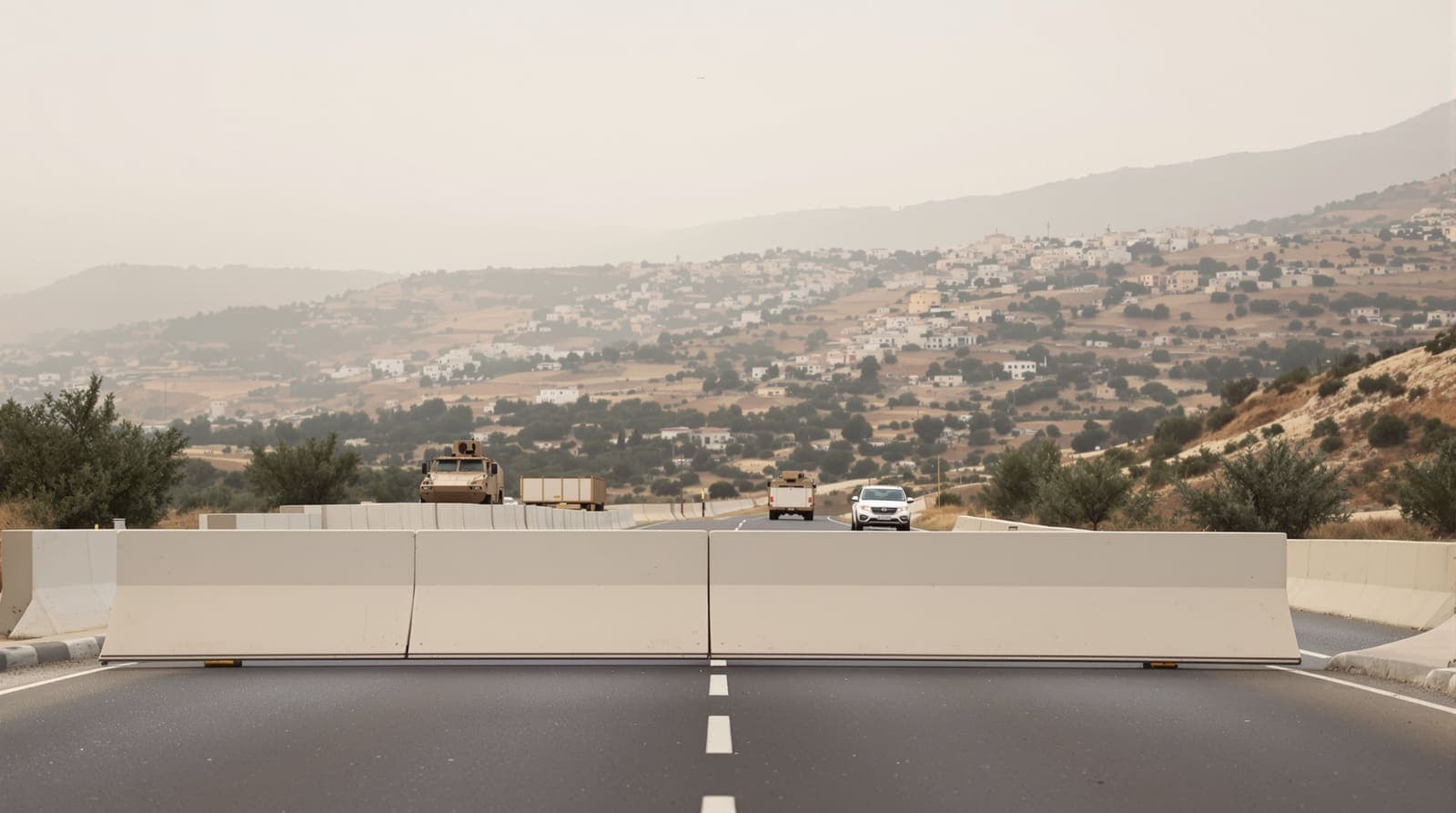 Illustration of a closed road with concrete barriers below terraced hills and limestone houses near Hebron at dawn