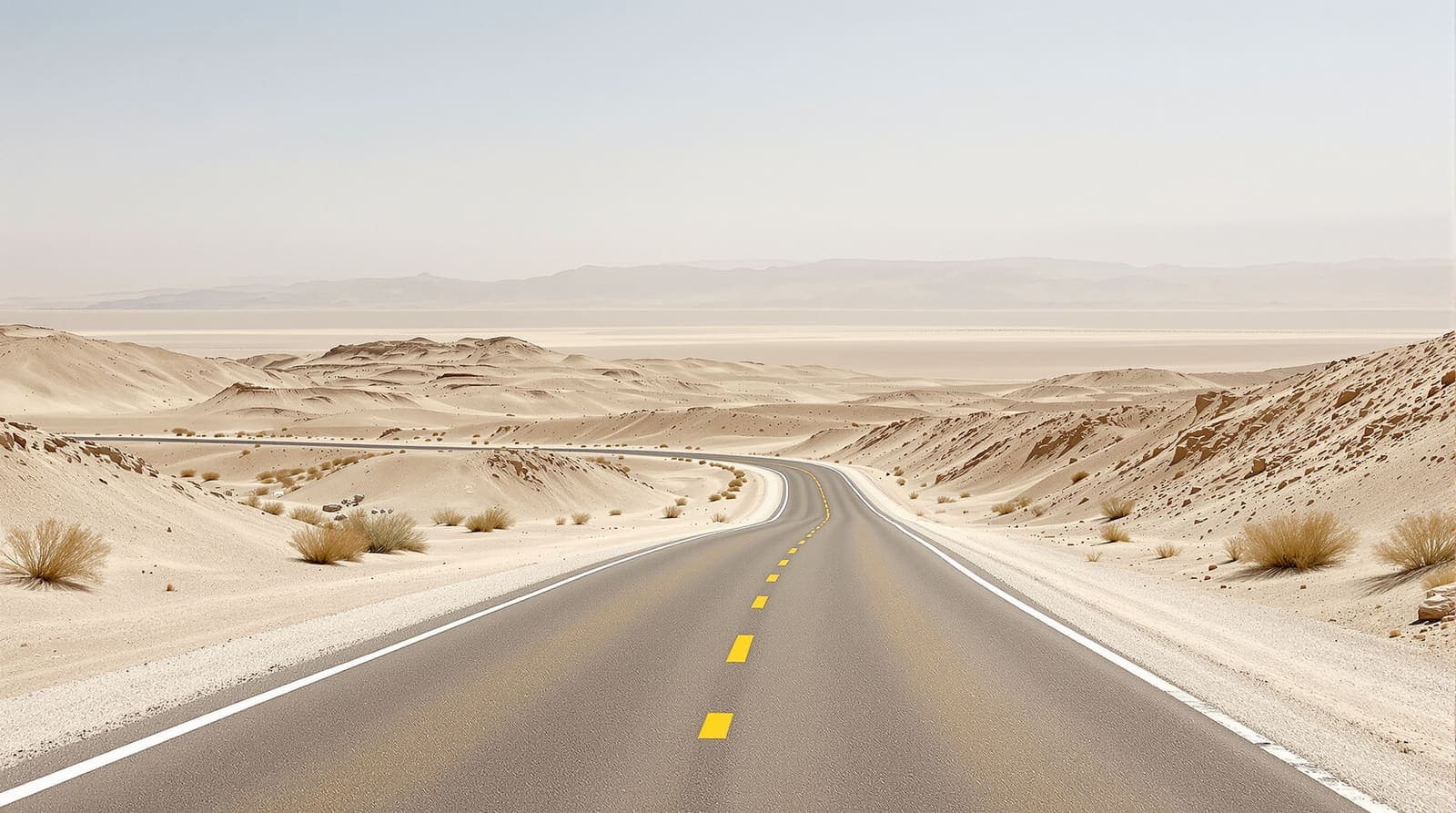 Illustration of an empty desert road crossing pale Negev ridges under hard midday light and shimmering heat haze.