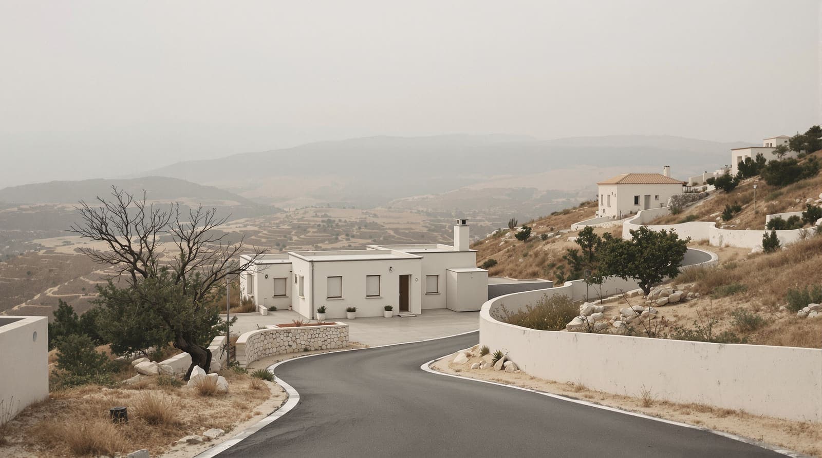 Illustration of a quiet hilltop village of stone houses on Israel's northern border, with terraced slopes and hazy ridgelines beyond.