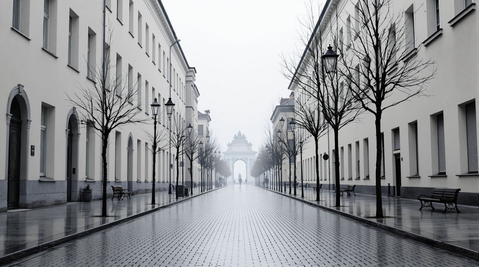 Illustration of an empty central Berlin street of plain stucco facades at grey dawn, with a distant gateway in haze.