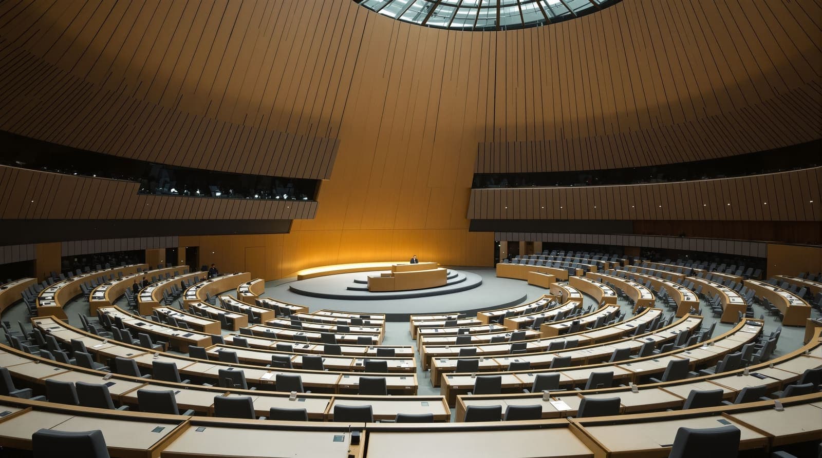 Illustration of an empty international conference hall in Vienna, with vacant delegate desks and a plain podium under soft daylight.