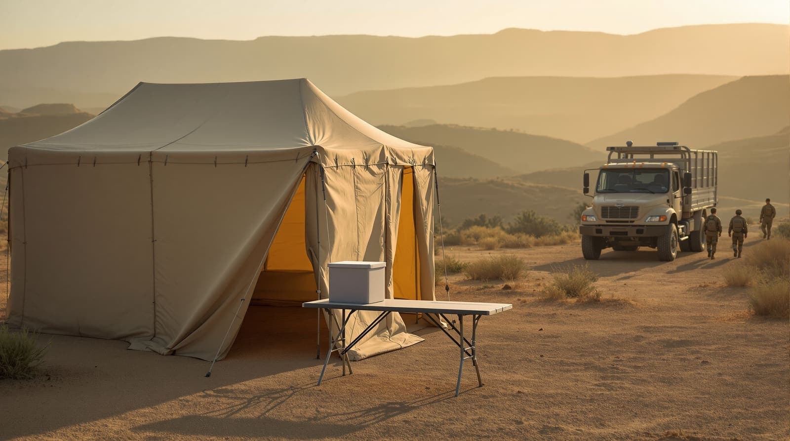Illustration of a canvas polling tent with a ballot box at a ridge-top army outpost in northern Israel at dawn.