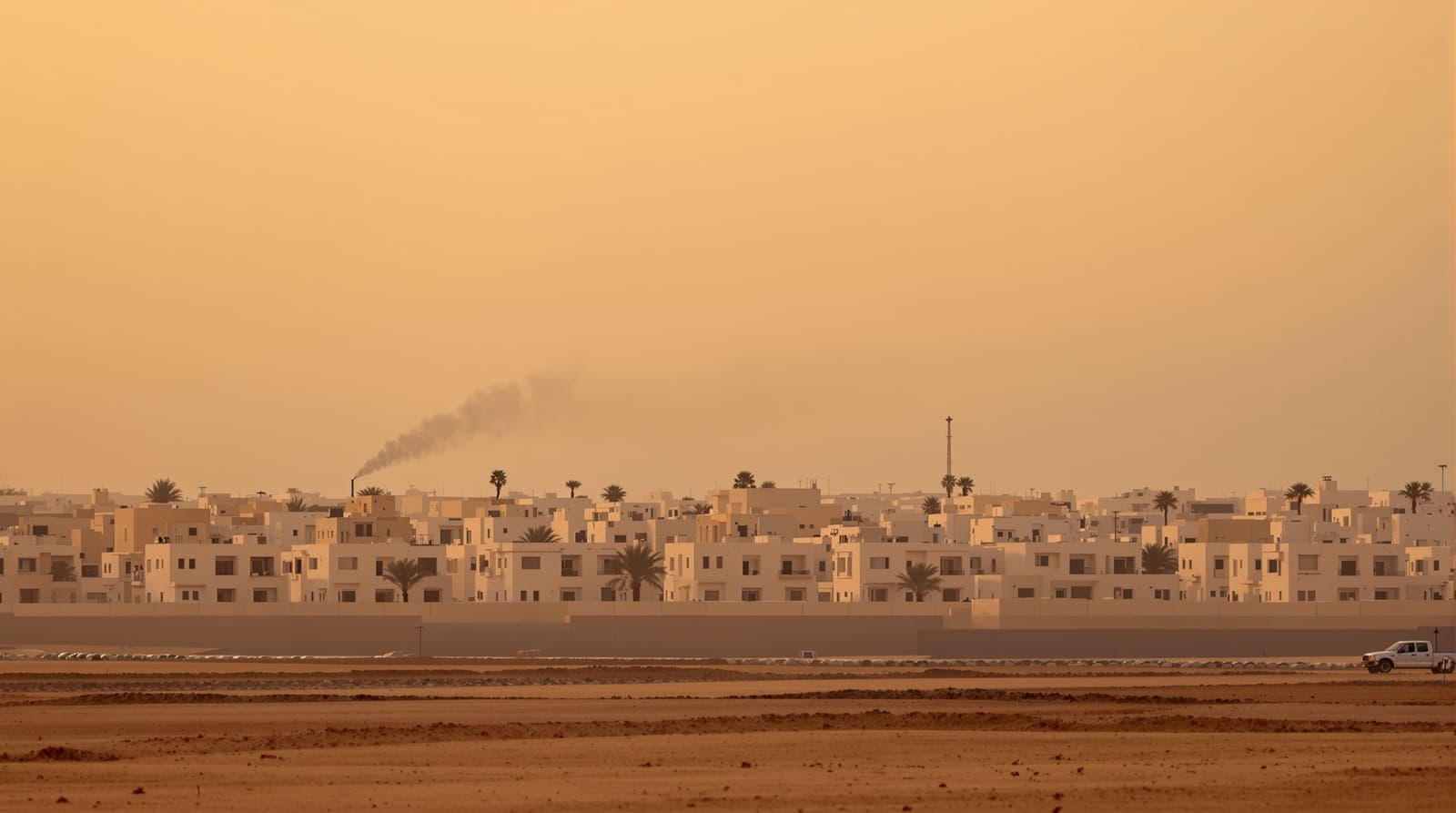 Illustration of the dense low skyline of a central Gaza camp seen from a distance at dusk, with a thin column of smoke in the hazy sky