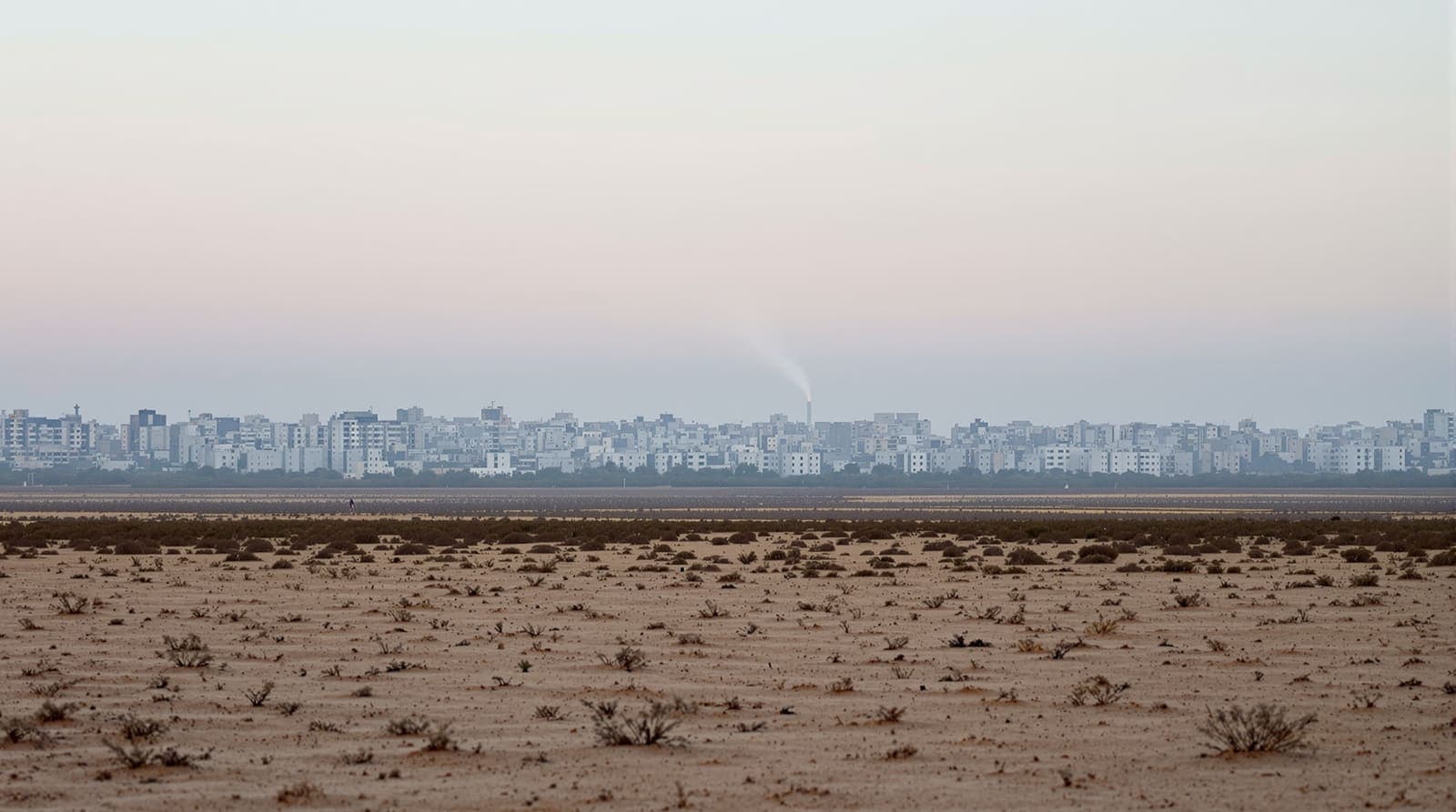 Illustration of the Gaza City skyline seen from a distance across open farmland under a hazy dawn sky.