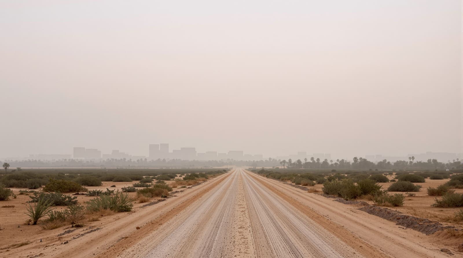 Illustration of the hazed skyline of Khan Younis viewed across flat sandy farmland under an overcast dawn sky.