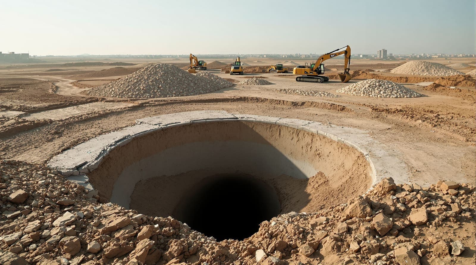 Illustration of an open tunnel shaft entrance in a cleared field in southern Gaza at dawn.