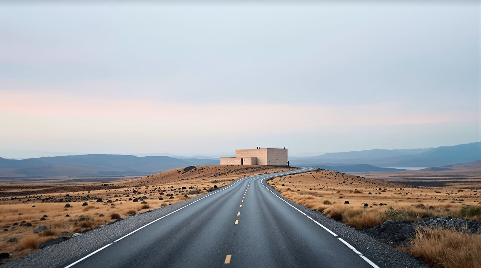 Illustration of a concrete military post on a basalt hill above an empty rural road in the Quneitra countryside at dawn.