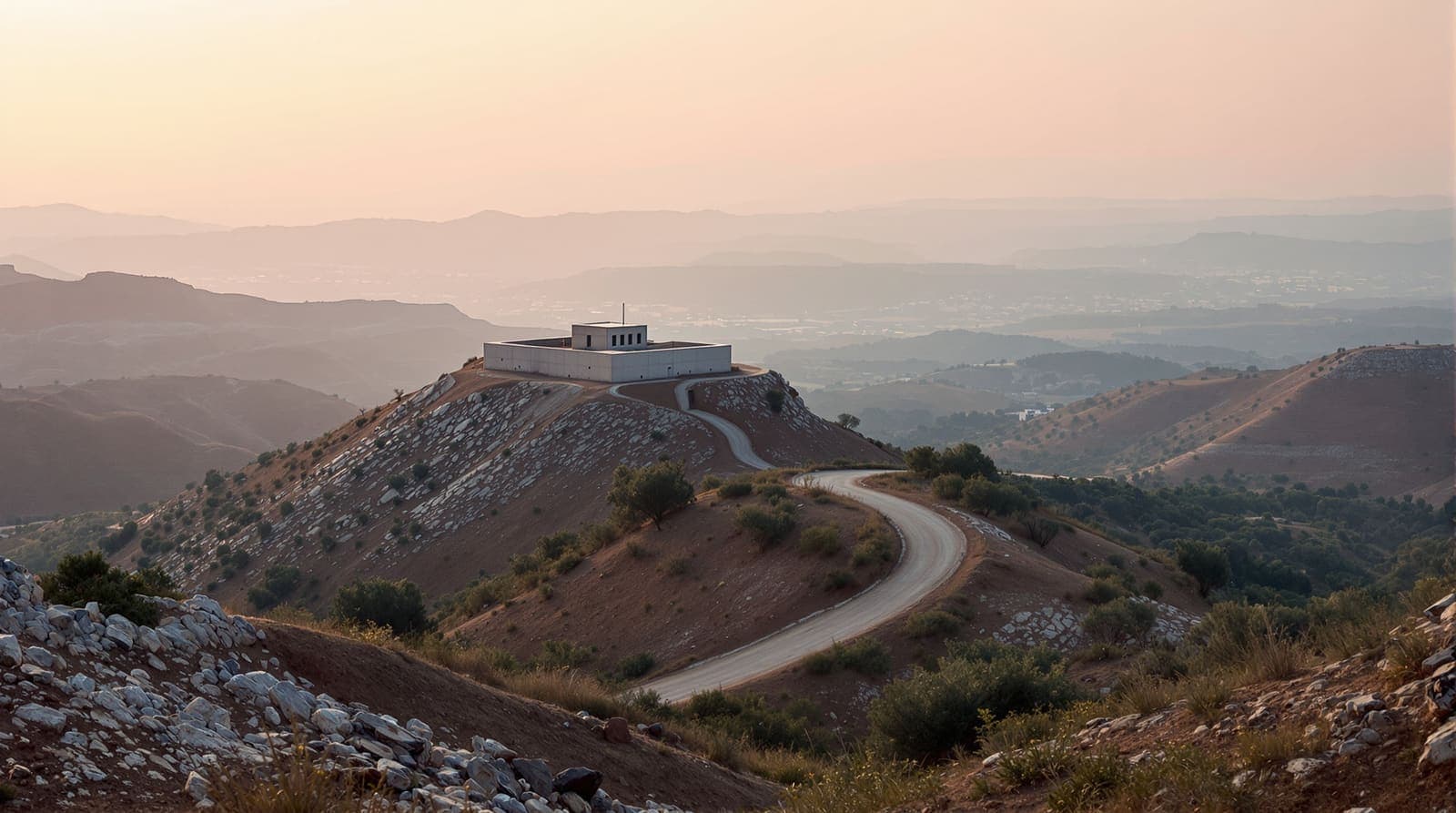 Illustration of scrub hills and olive terraces in southern Lebanon at dawn, with a pale concrete hilltop outpost on a distant ridge.