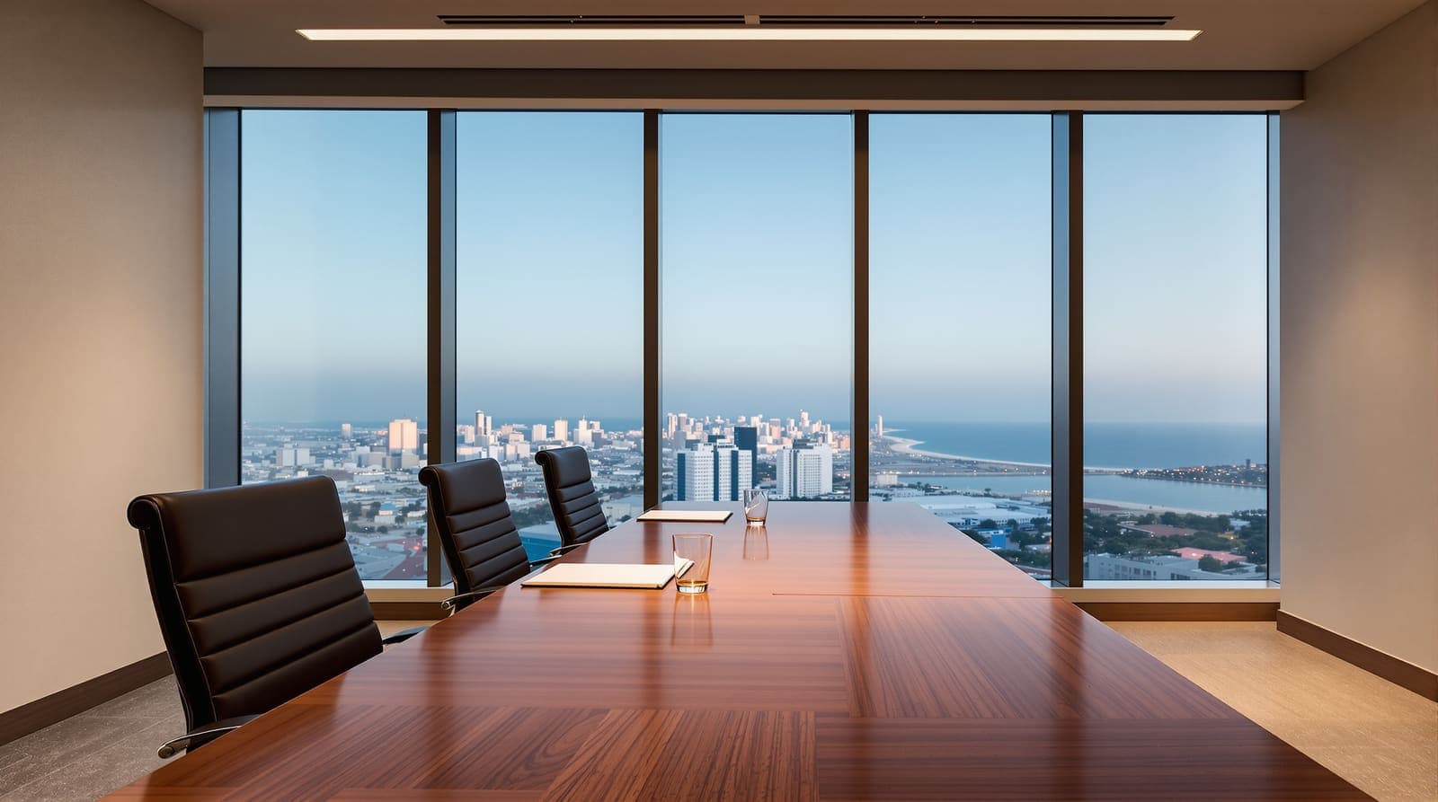 Illustration of an empty conference room with a long table and three chairs overlooking the Tel Aviv skyline at dusk