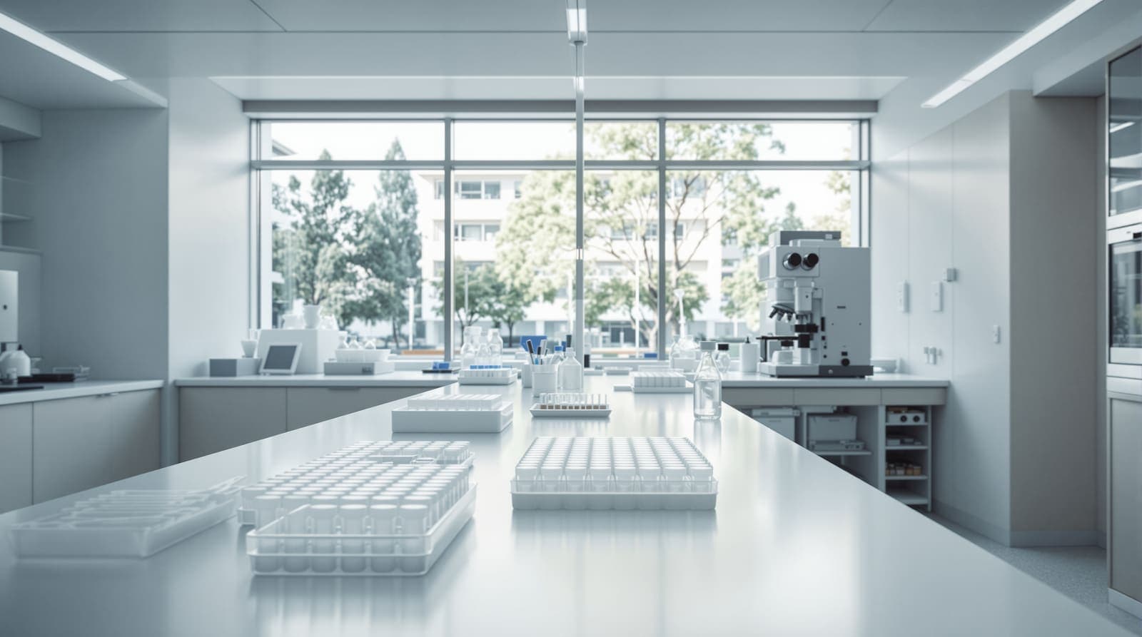 Illustration of an empty hospital research laboratory with racks of sample vials and a microscope on a white bench in soft morning light.